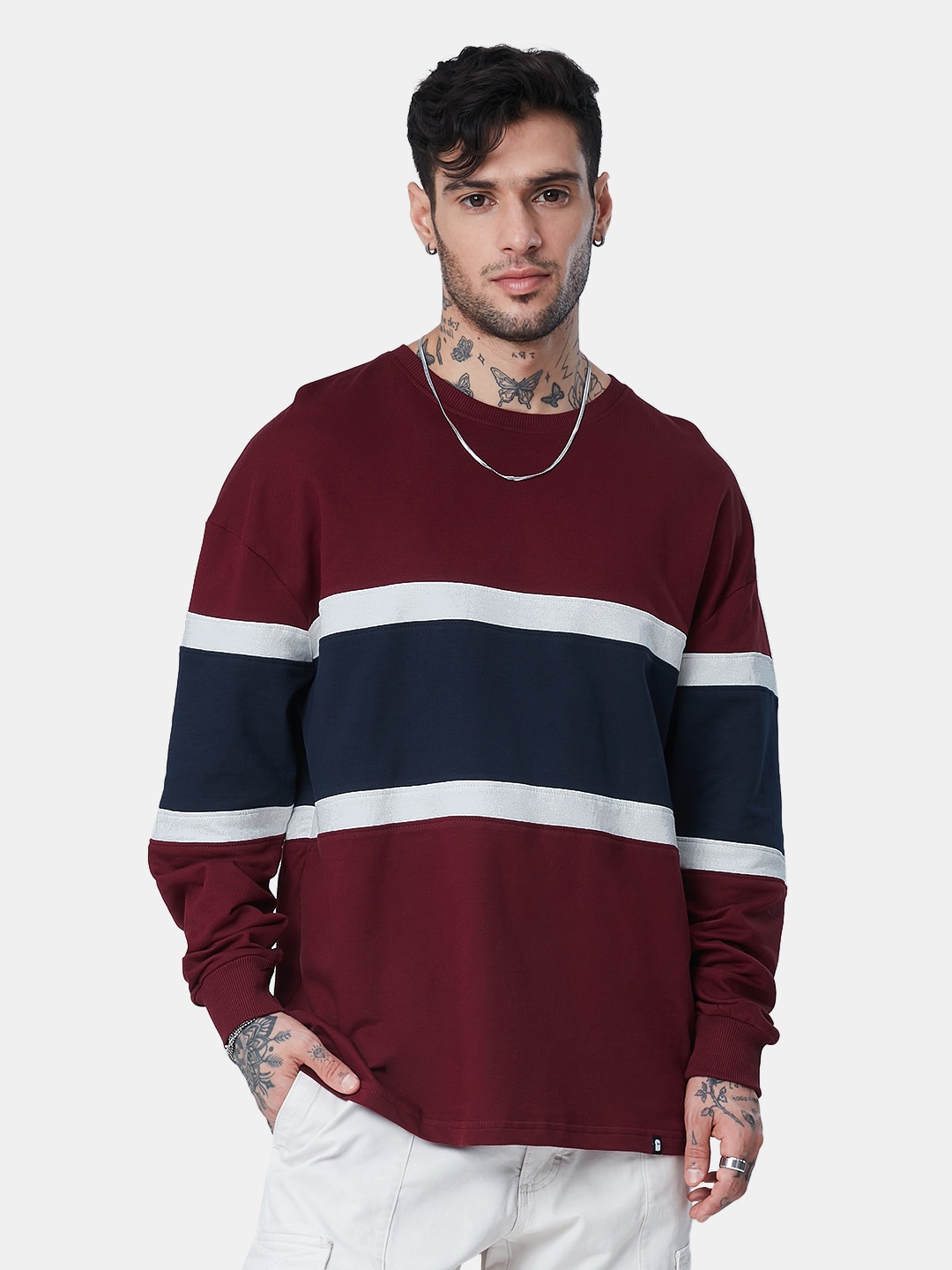 

The Souled Store Men Colourblocked Oversize Cotton Oversized T-Shirt, Navy blue