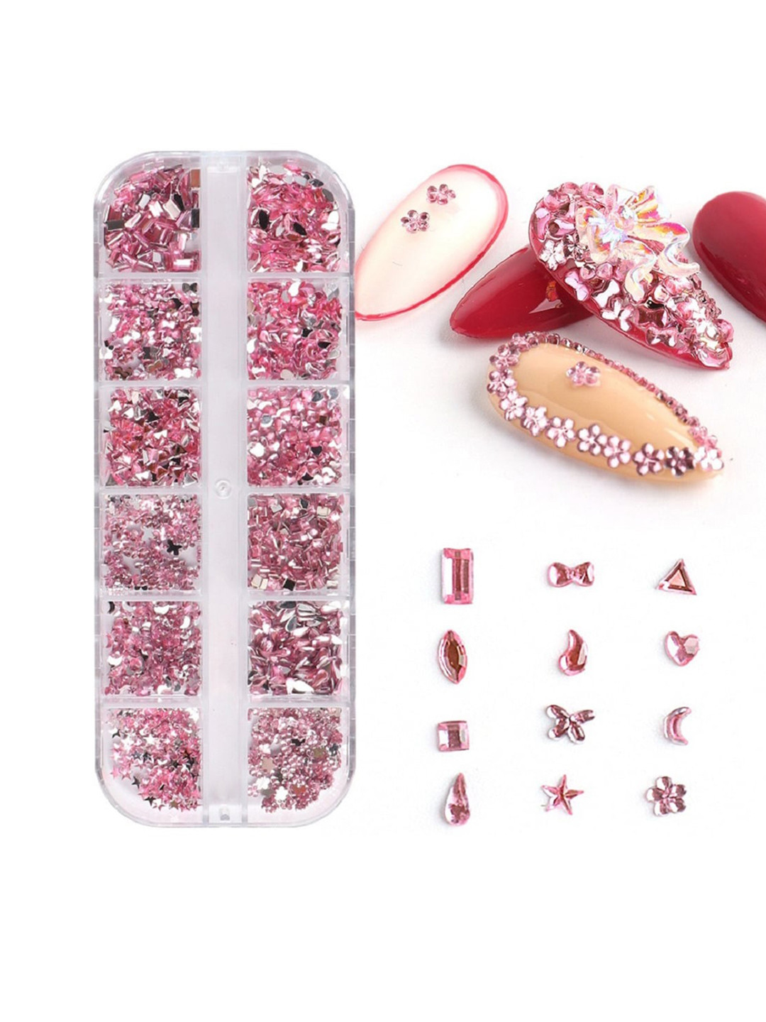 

S.A.V.I. 12 Grids Shapes Pink Crystal Stone Rhinestone Butterfly Star Moon Flower DIY Nail Jewellery - Pink