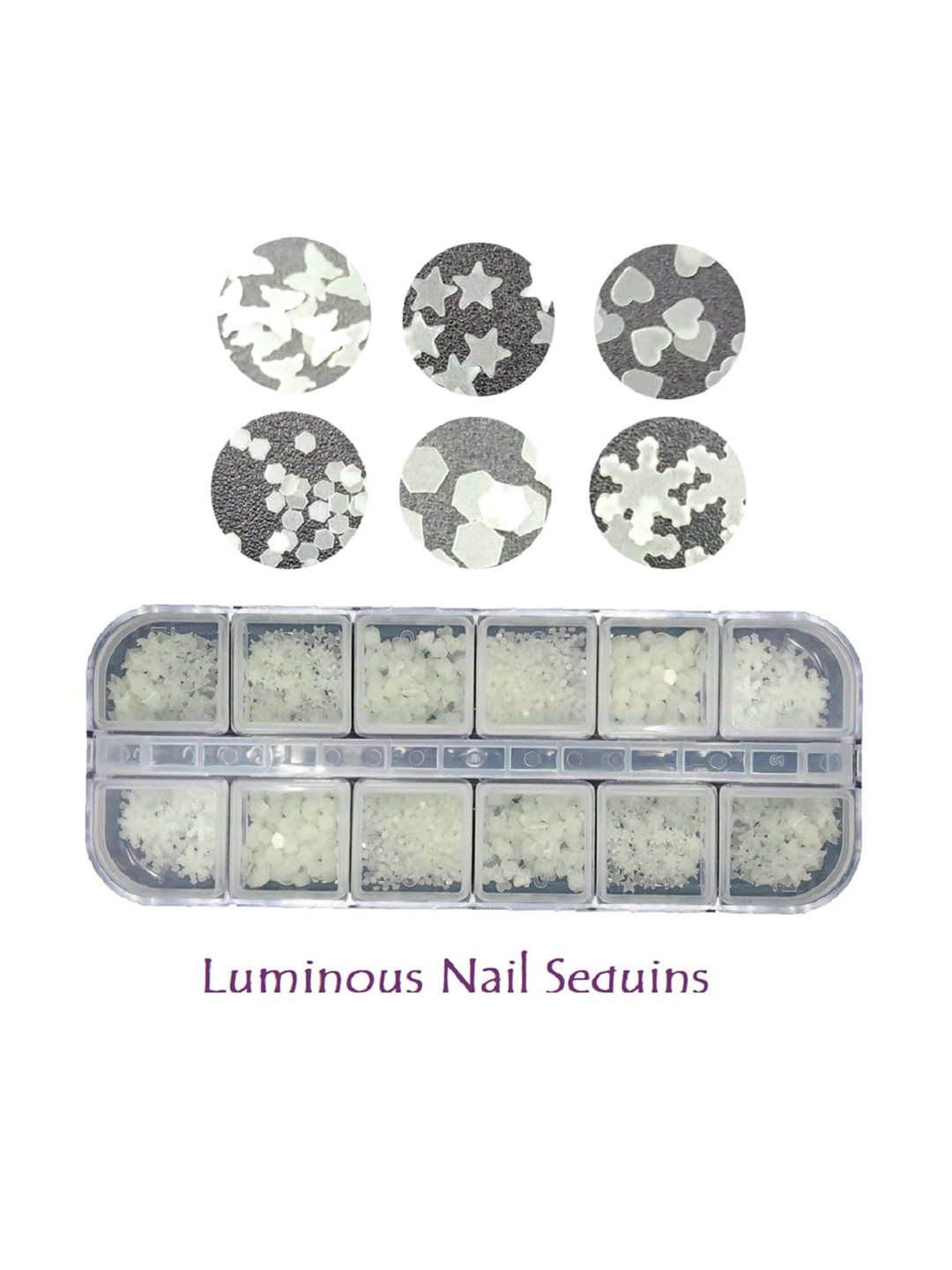 

S.A.V.I. 12 Grids 6 Shapes Nail Art Luminous Thin DIY Glow In The Dark Sequins, White