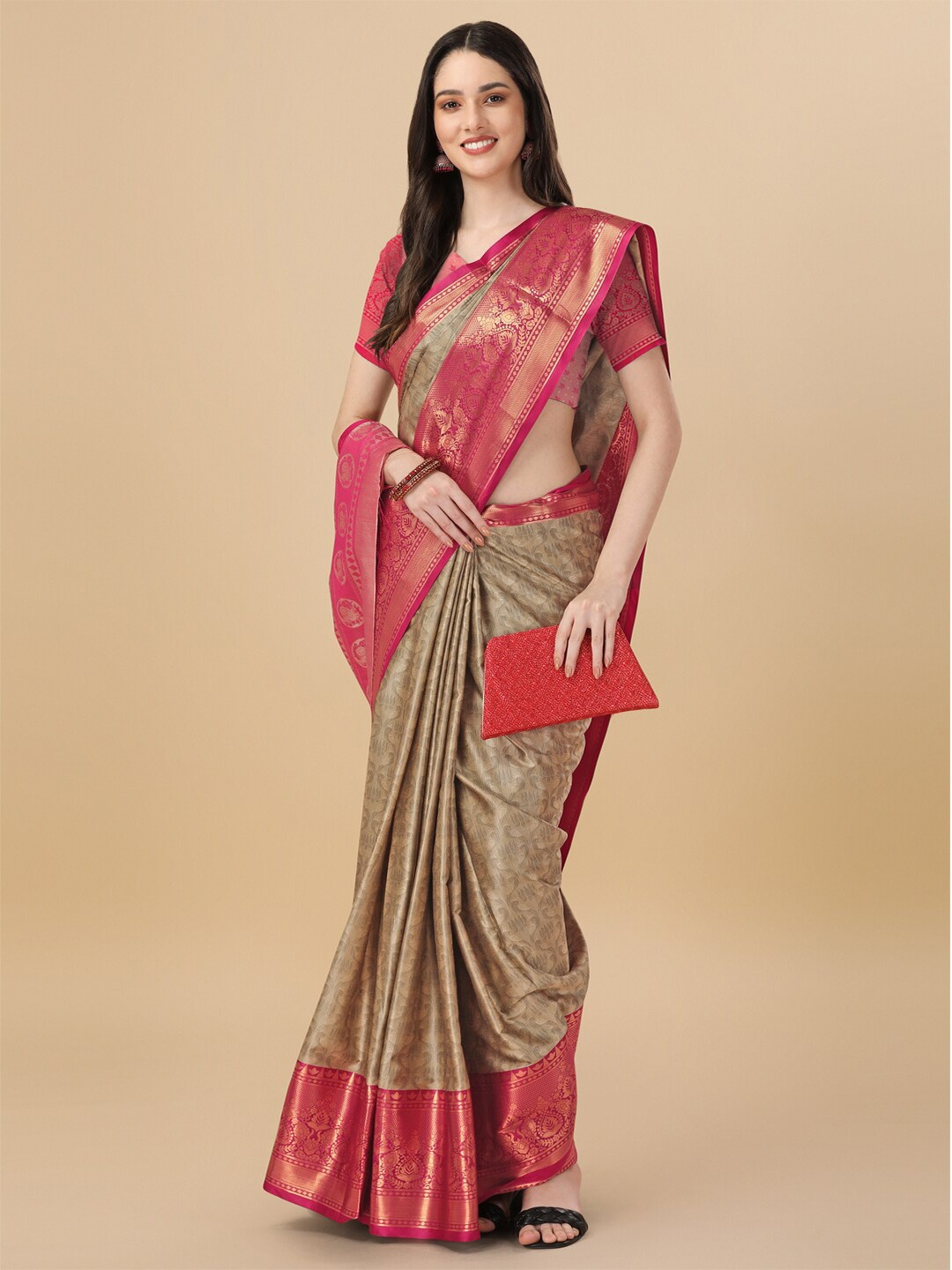 

KALINI Ethnic Motifs Zari Pure Cotton Heavy Work Mysore Silk Saree, Beige