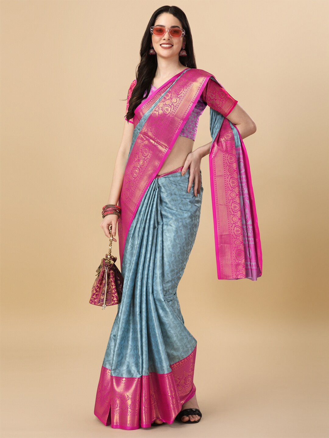 

KALINI Woven Design Zari Pure Cotton Heavy Work Mysore Silk Saree, Turquoise blue