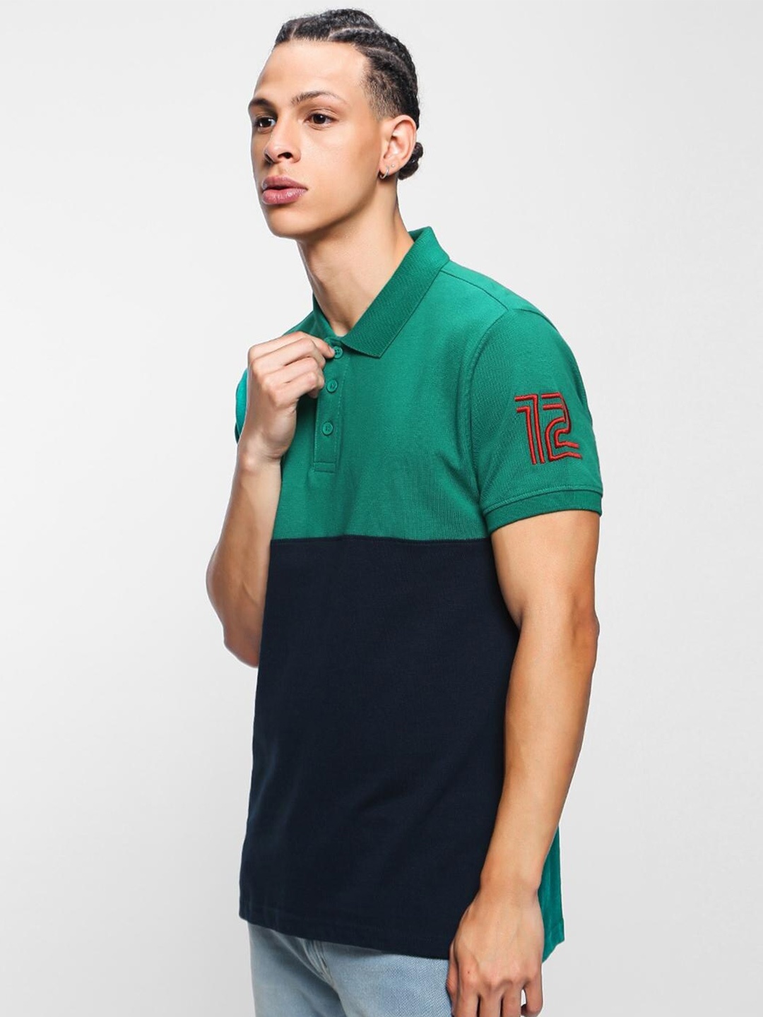 

Bewakoof Men Colourblocked Polo Collar Pure Cotton T-shirt, Green