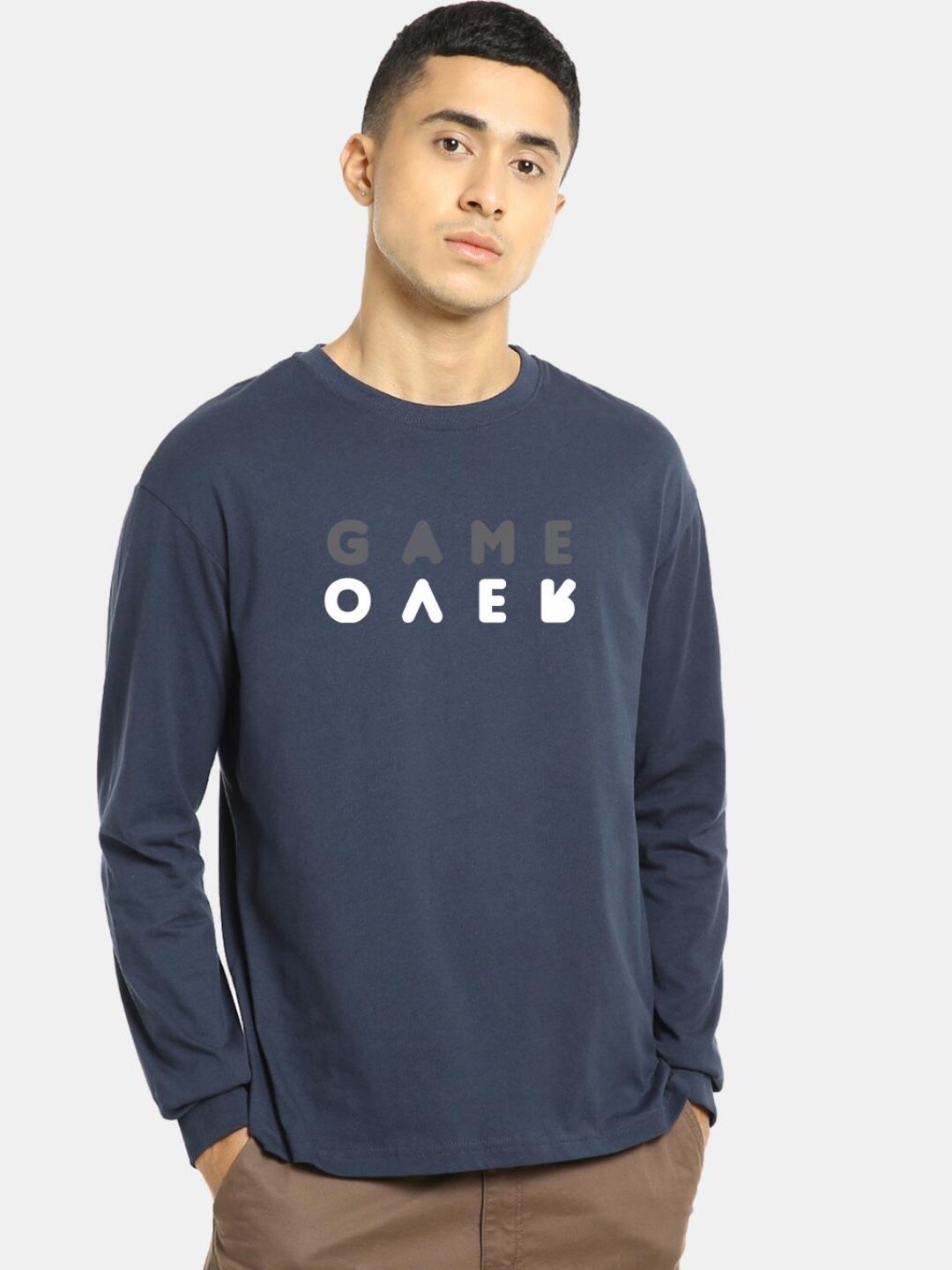 

Bewakoof Men Typography Printed Pure Cotton Oversized T-shirt, Blue