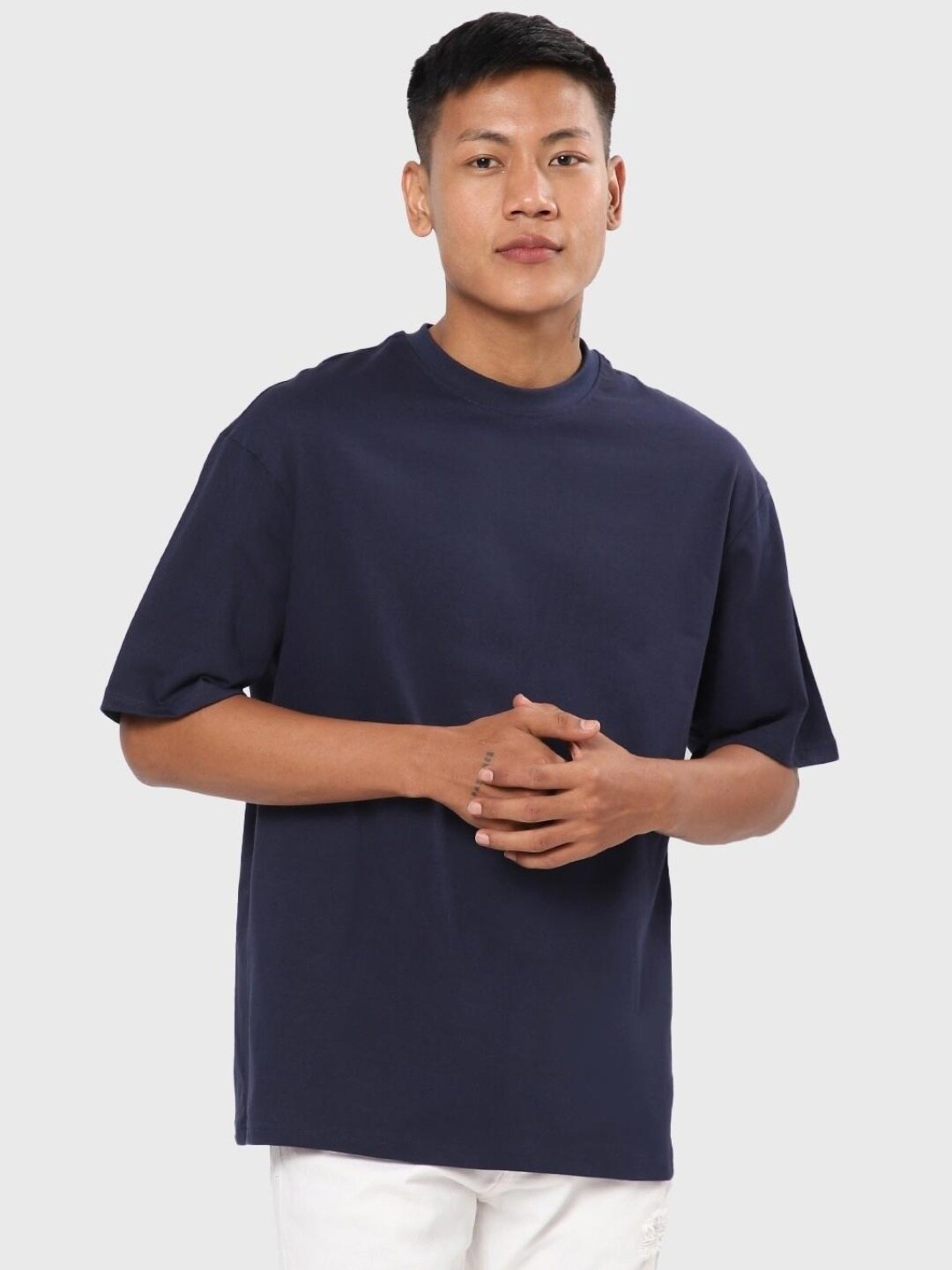 

Bewakoof Pack of 2 Men Solid Round Neck Pure Cotton Oversized T-shirt, Blue