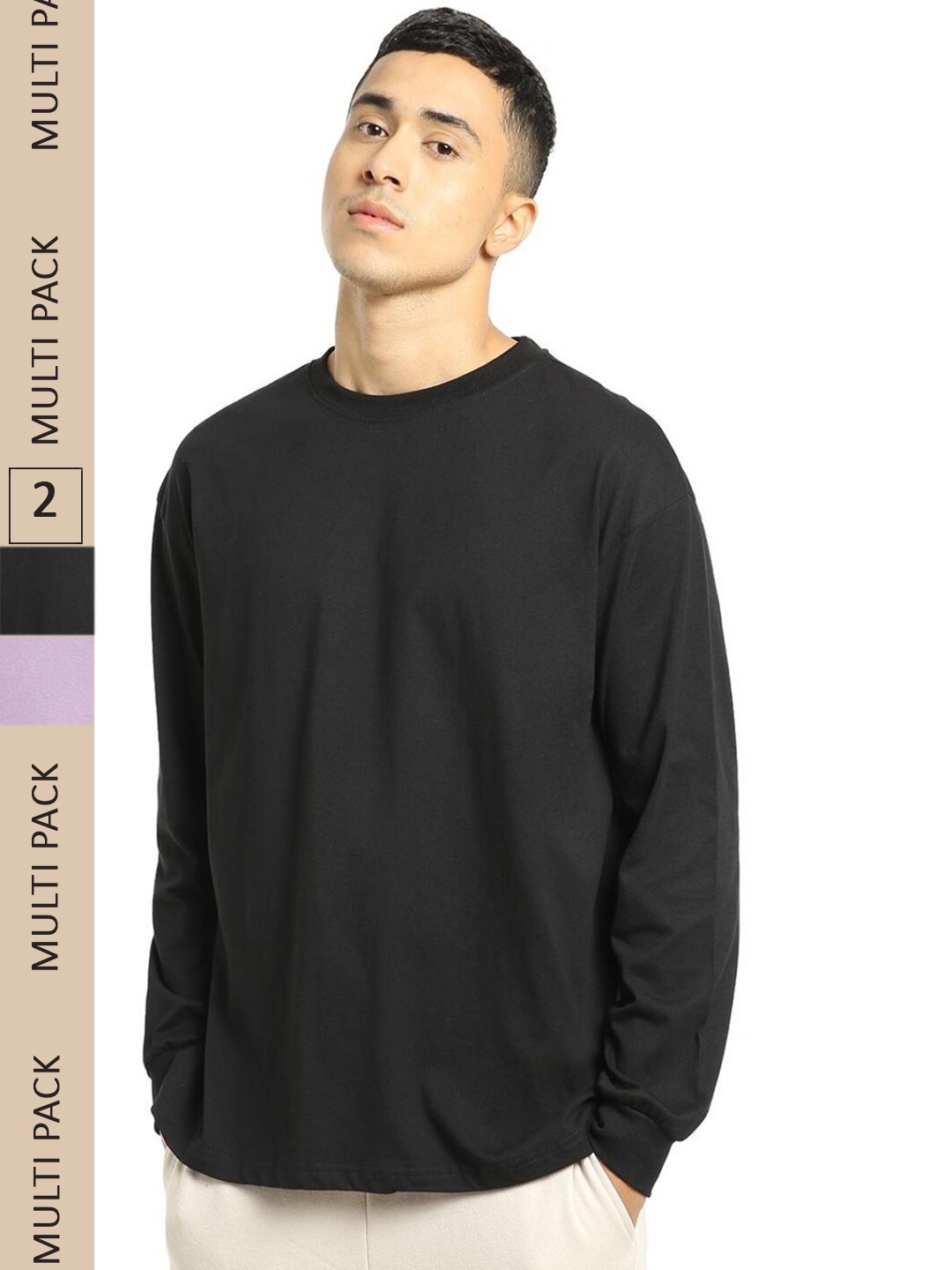 

Bewakoof Men Pack Of 2 Extended Sleeves Pure Cotton Oversized T-shirt, Black