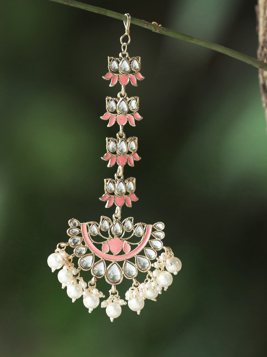 

Adwitiya Collection Stone Studded & Beaded Enamelled Maang Tikka, Gold