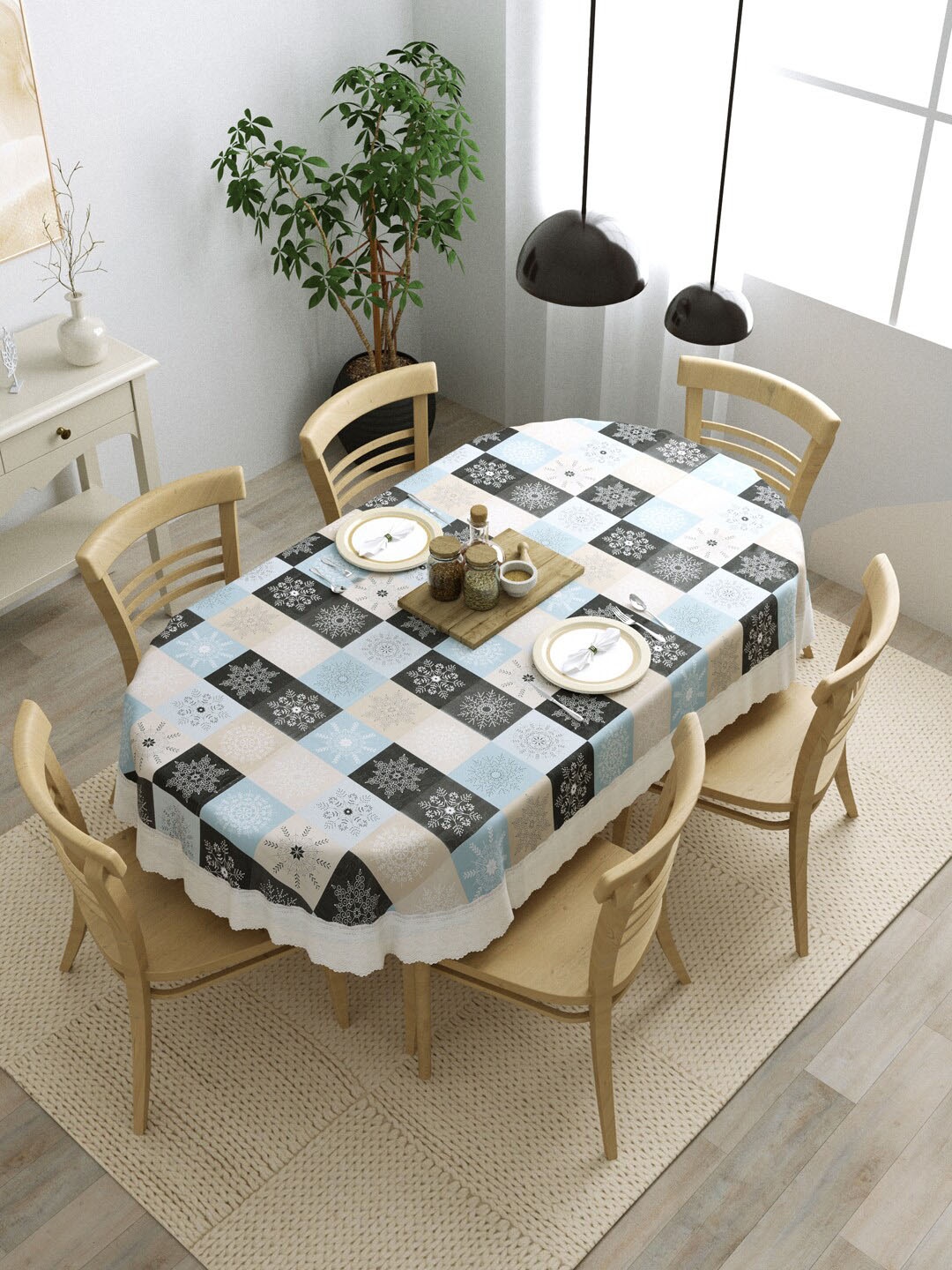 

Clasiko Grey Melange & Blue Ethnic Motifs Printed 6 Seater Oval Dining Table Cover