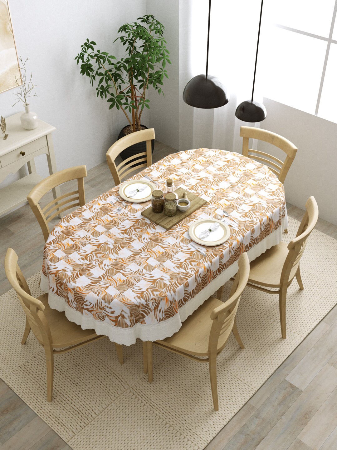 

Clasiko Brown & Orange Abstract Printed 6 Seater Oval Dining Table Cover