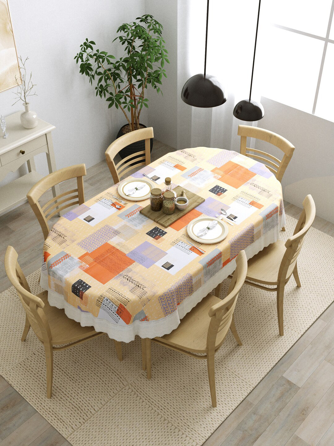 

Clasiko Peach & Grey Checks Printed 6 Seater Oval Dining Table Cover