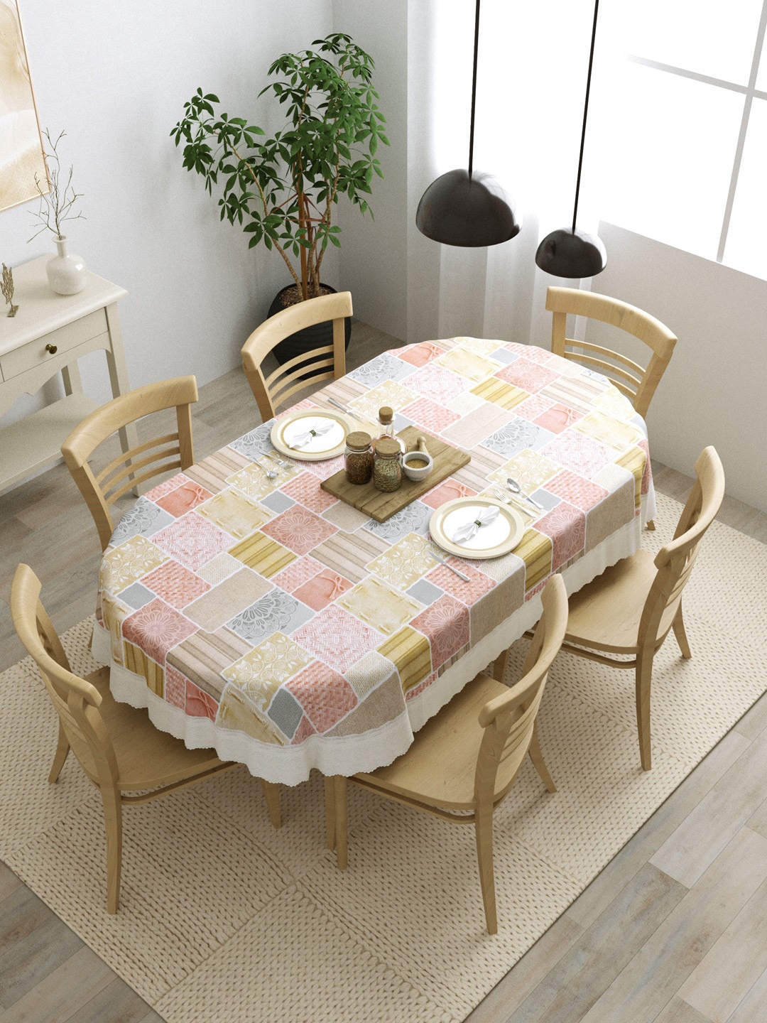

Clasiko Pink & Brown Checks Printed 6 Seater Oval Dining Table Cover