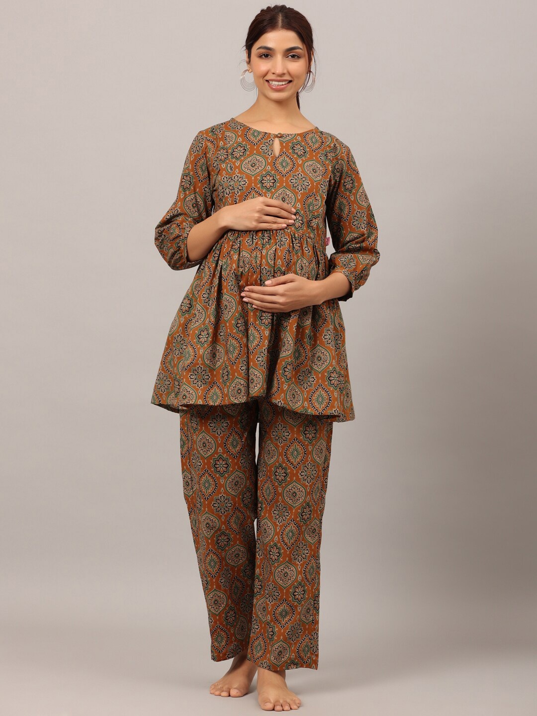 

Ikk Kudi by Seerat Women Floral Printed Pure Cotton Night suit, Mustard