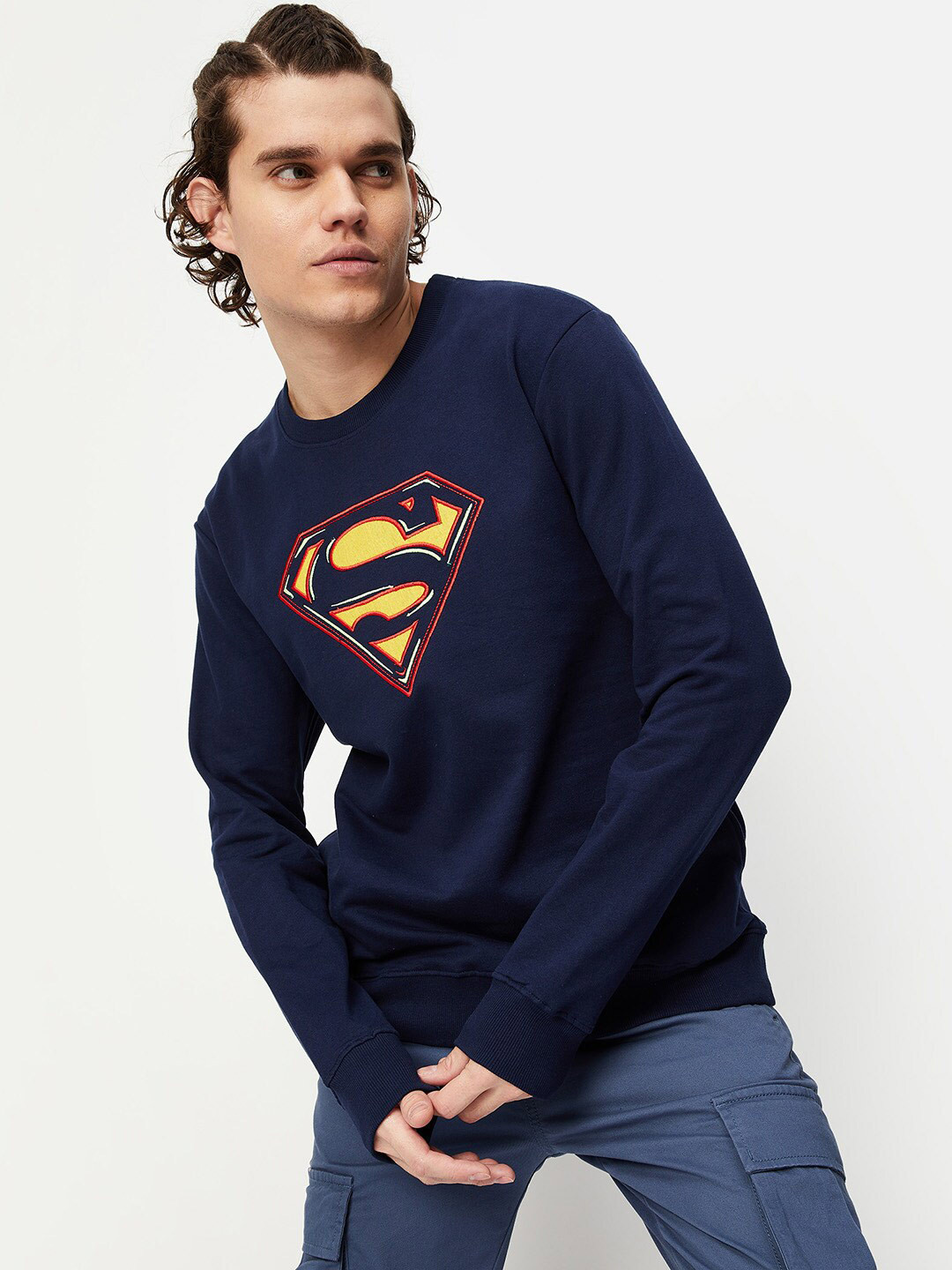 

max Men Typography Printed Cotton Sweatshirt, Navy blue