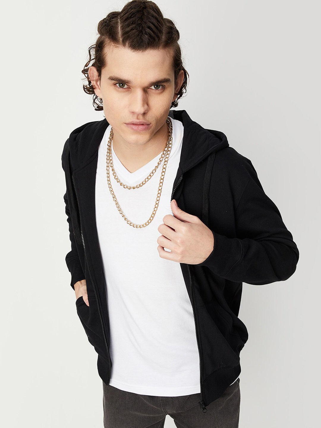 

max Hooded Cotton Front-Open Sweatshirt, Black