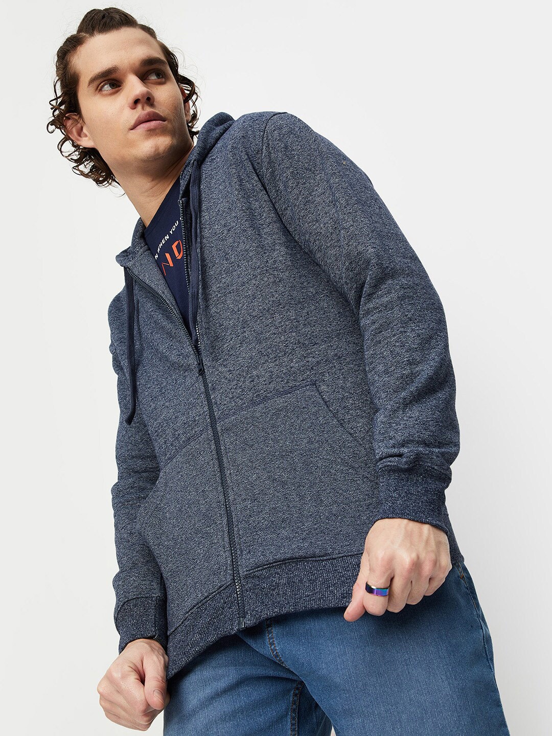 

max Hooded Cotton Front-Open Sweatshirt, Blue