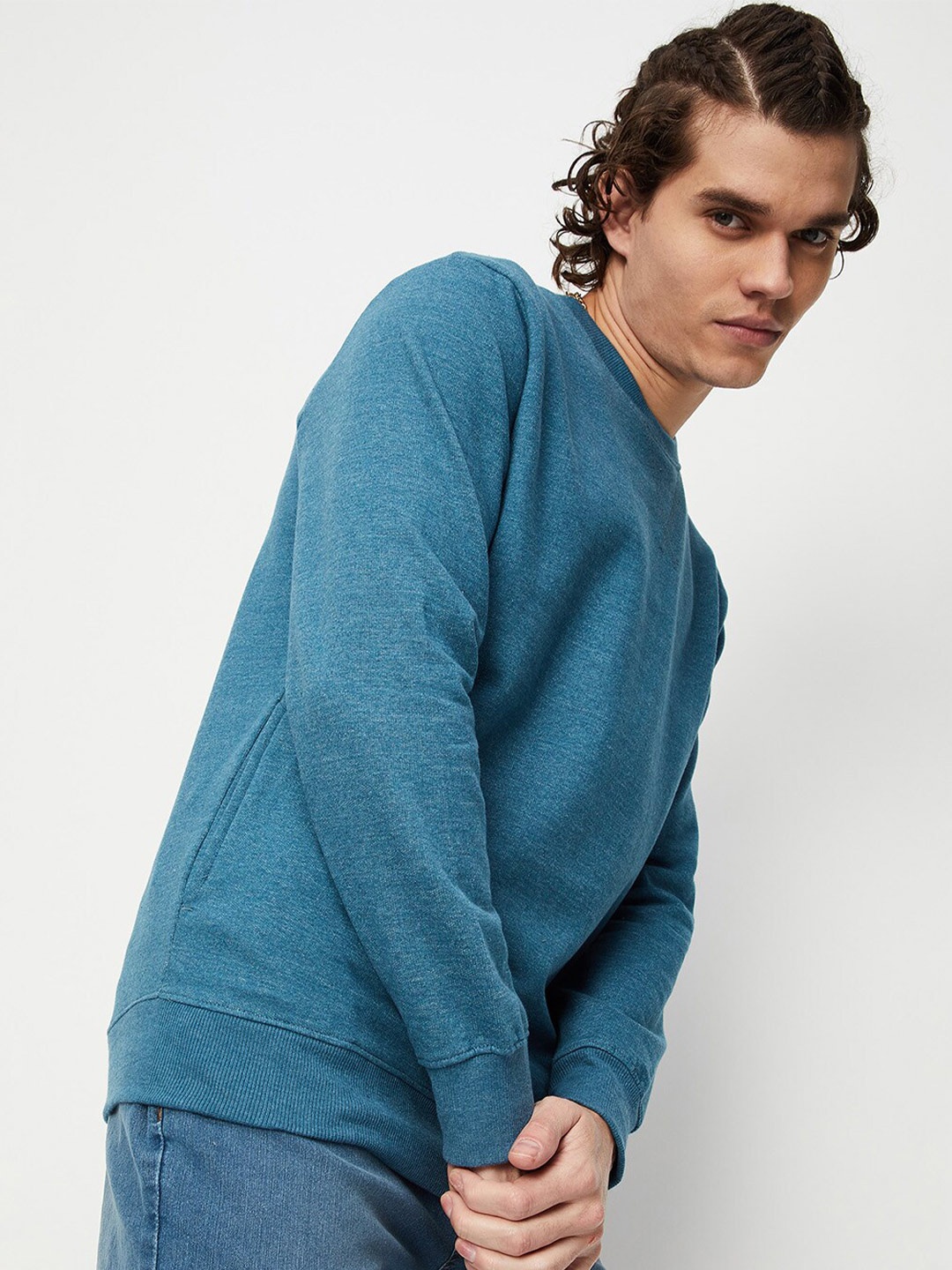 

max Round Neck Cotton Sweatshirt, Teal