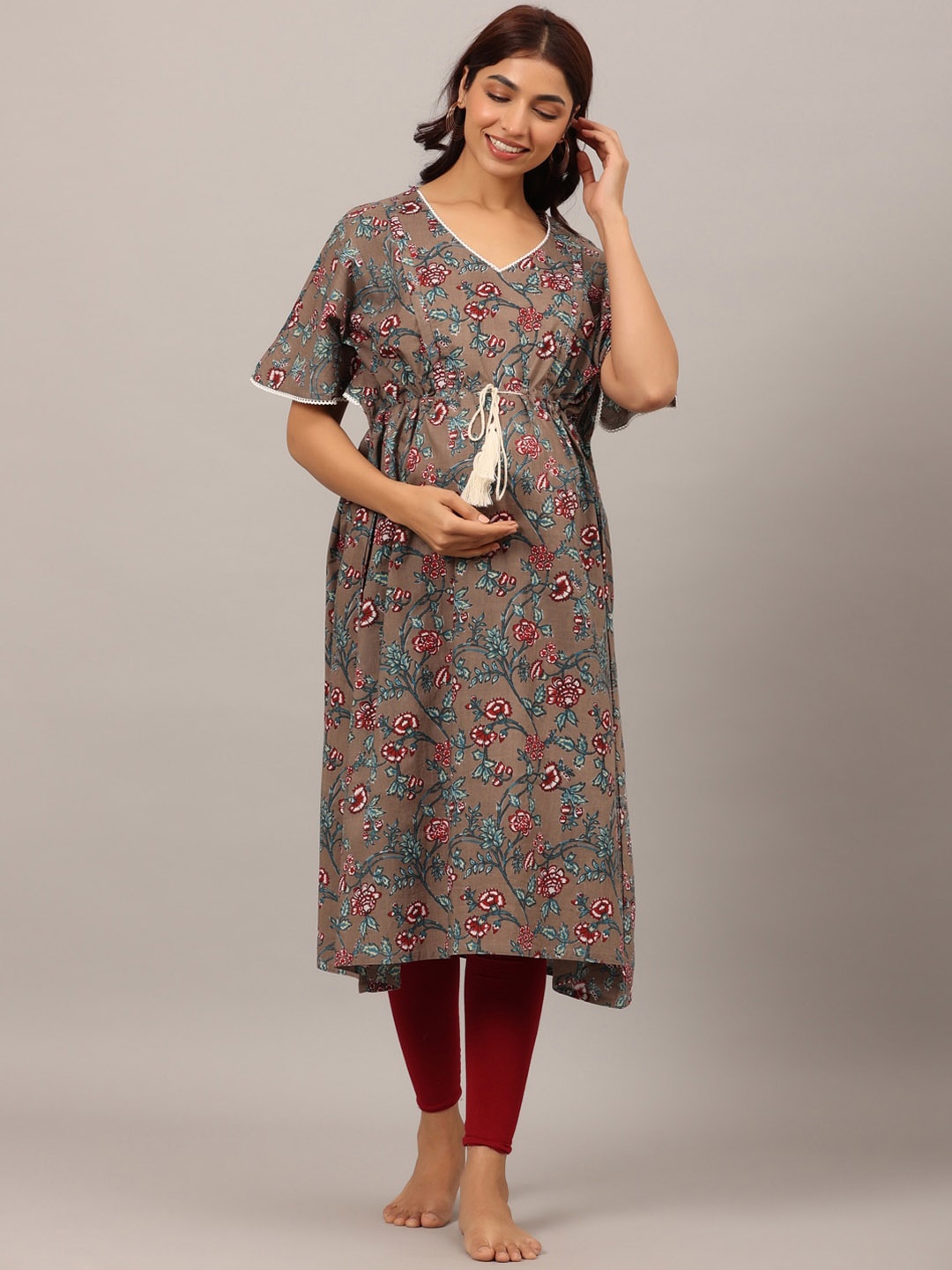 

Ikk Kudi by Seerat Floral Printed Floral Maternity Kaftan Cotton Kurta, Grey