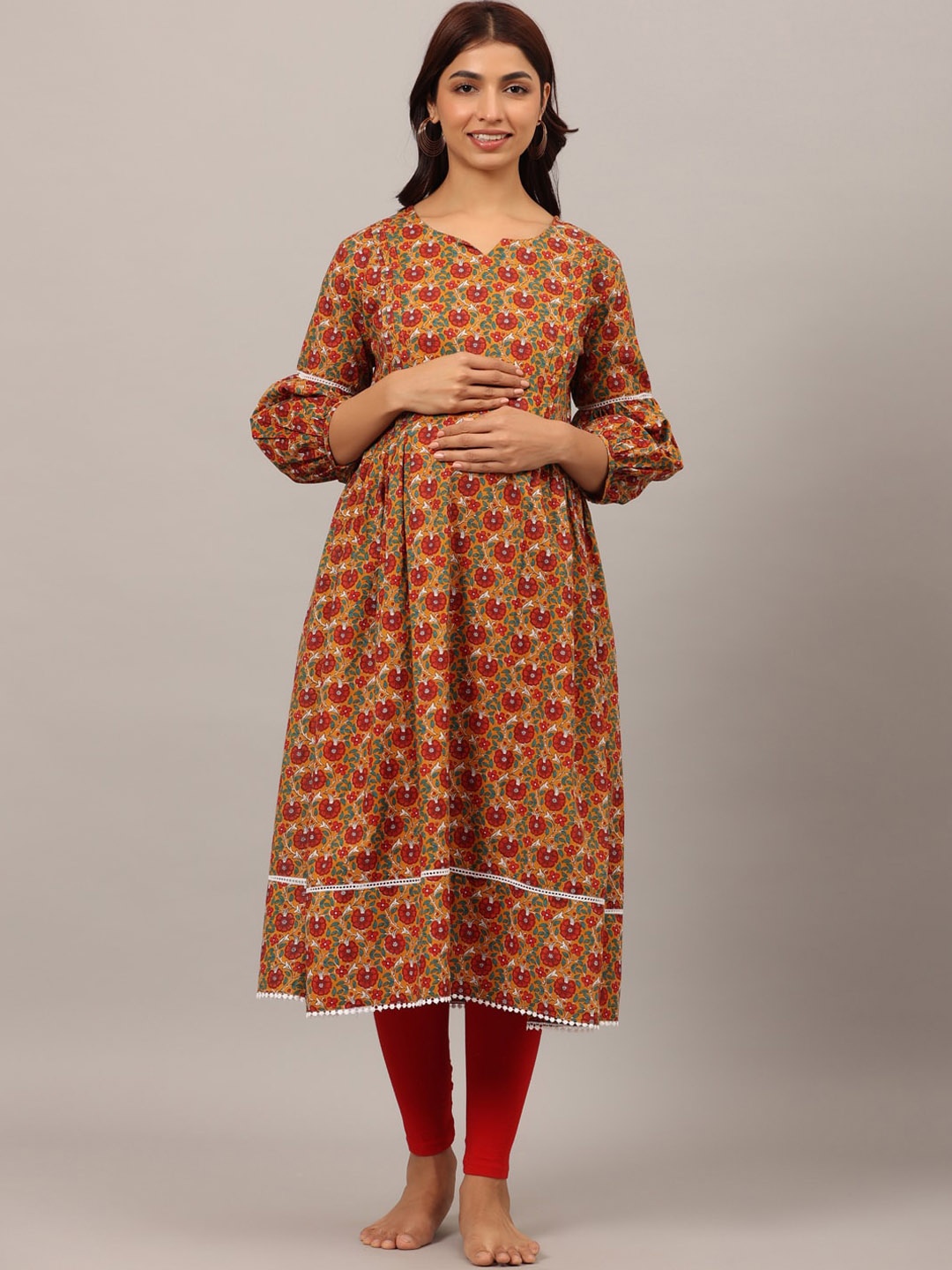 

Ikk Kudi by Seerat Yellow Floral Printed Floral Maternity Cotton Kurta, Mustard