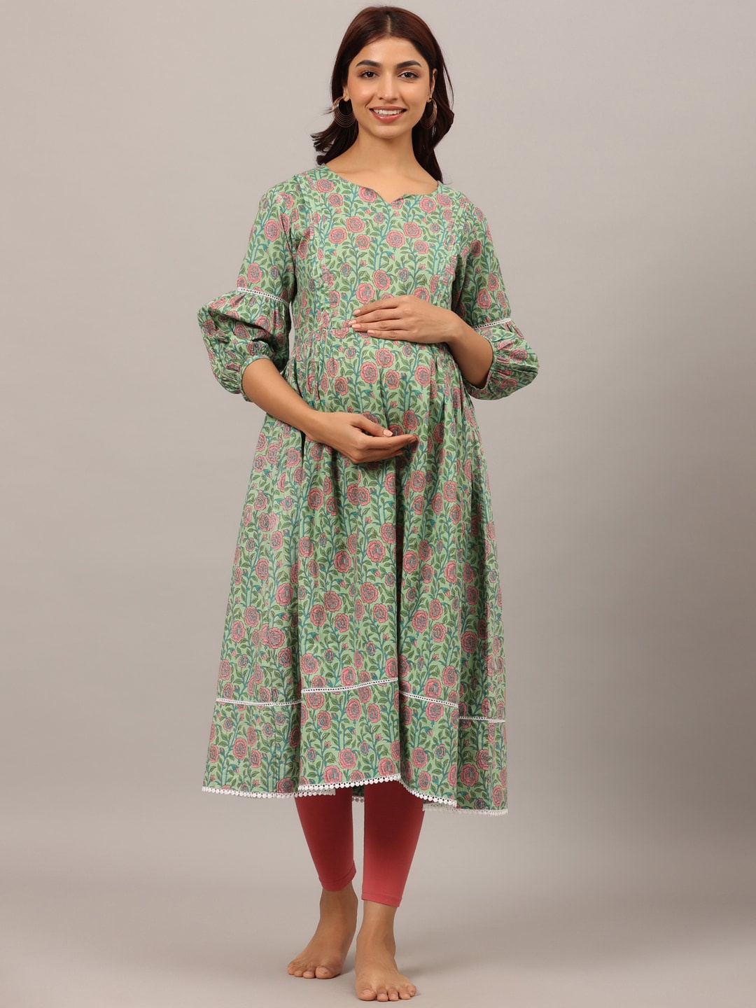 

Ikk Kudi by Seerat Women Floral Printed Maternity Anarkali Pure Cotton Kurta, Green