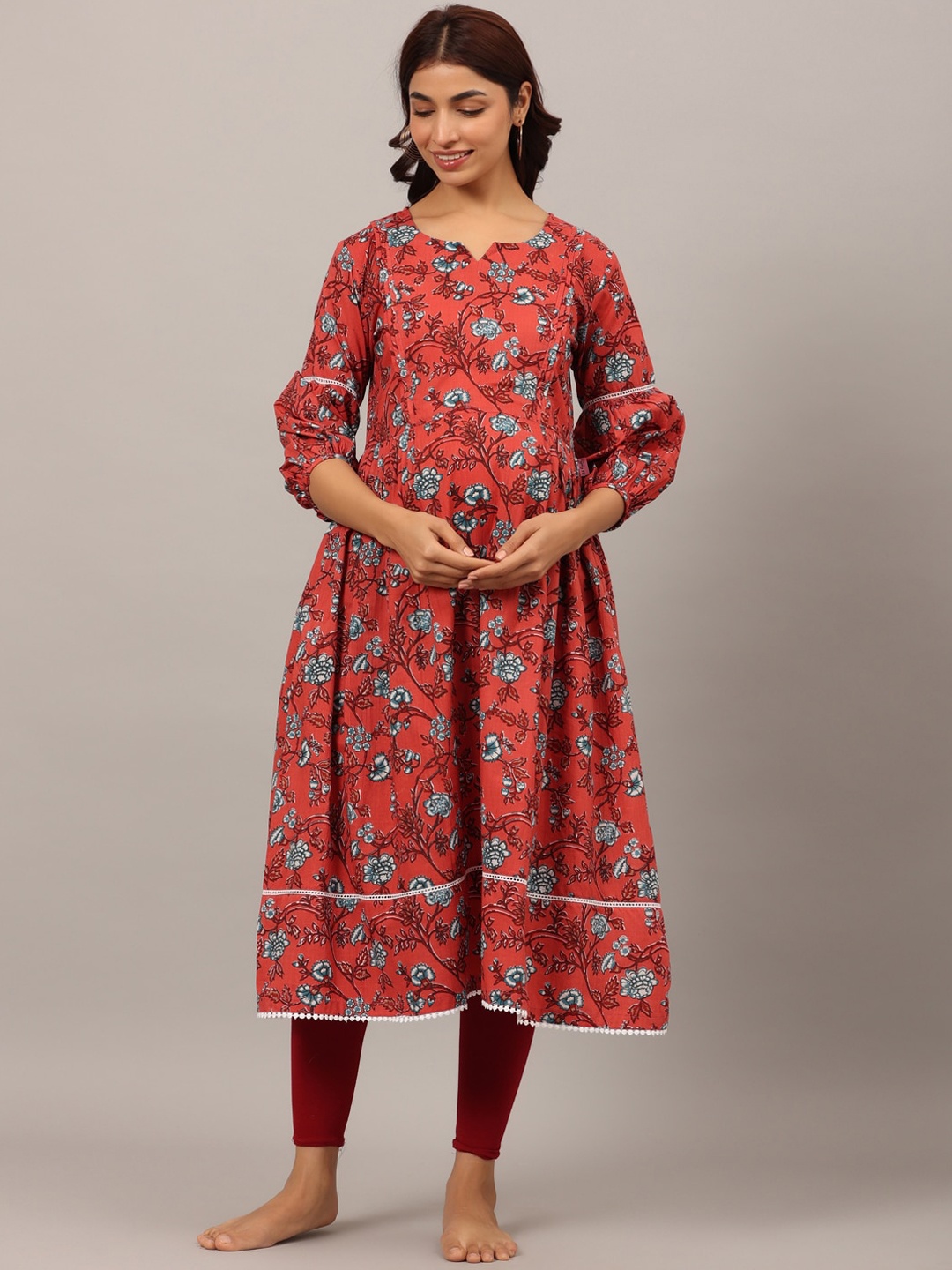 

Ikk Kudi by Seerat Women Floral Printed Notch Collar Maternity Anarkali Cotton Kurta, Red