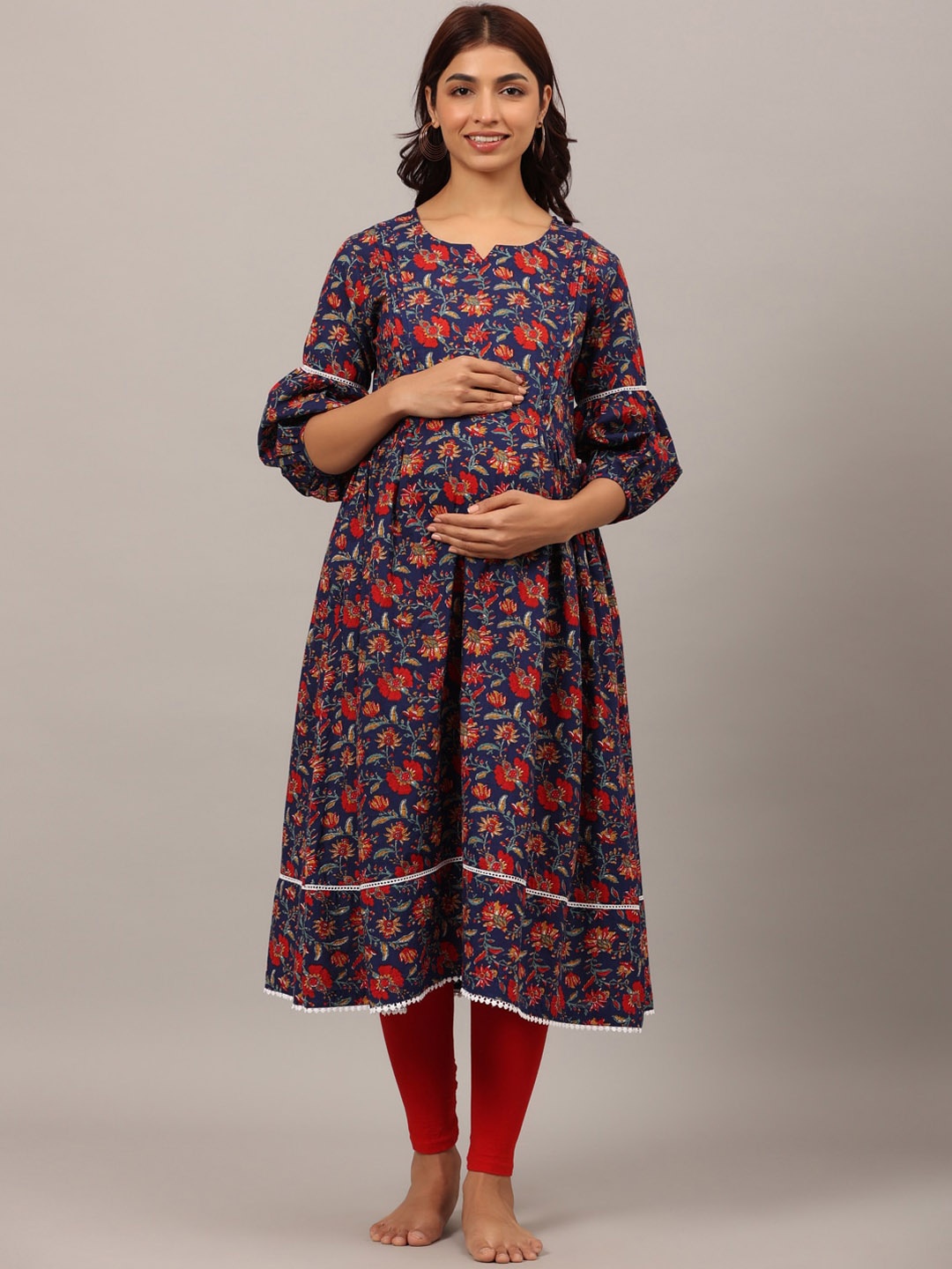 

Ikk Kudi by Seerat Floral Printed Maternity Anarkali Cotton Kurta, Blue