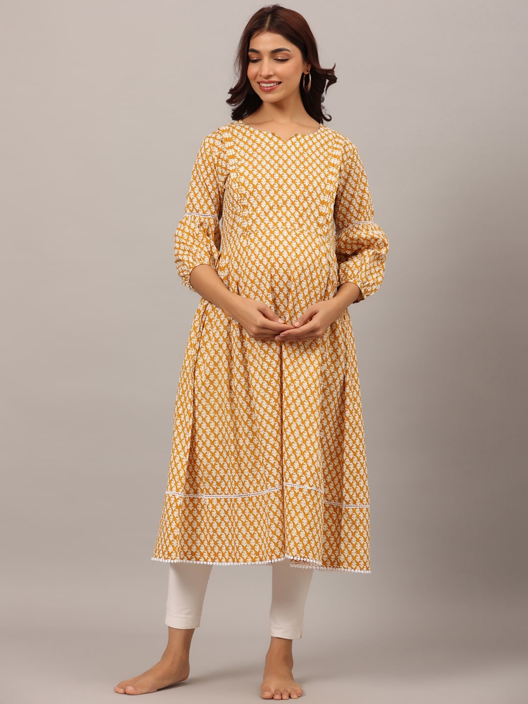 

Ikk Kudi by Seerat Abstract Printed Maternity Anarkali Pure Cotton Kurta, Mustard