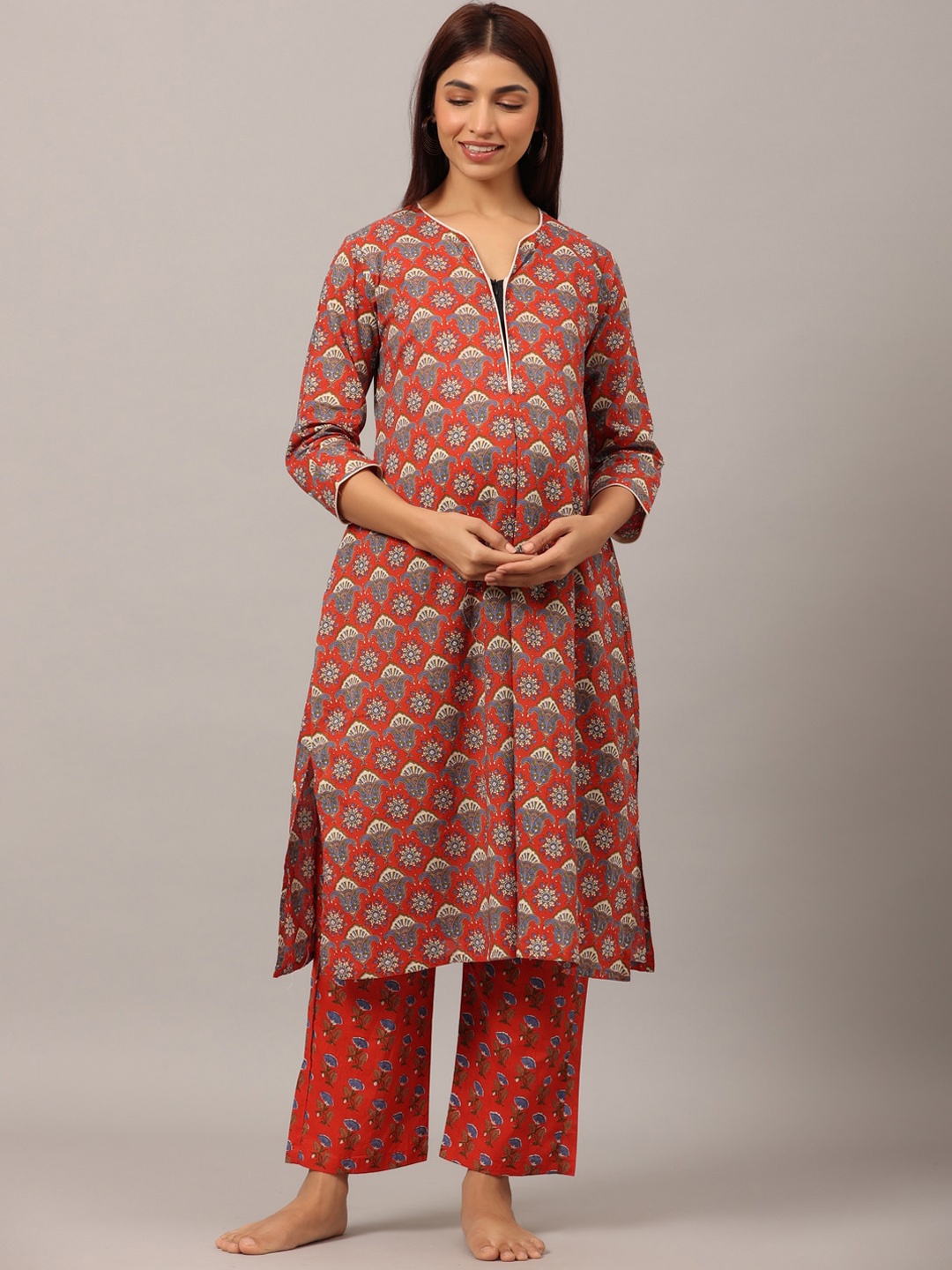 

Ikk Kudi by Seerat Women Ethnic Motif Printed Pure Cotton Night suit, Red