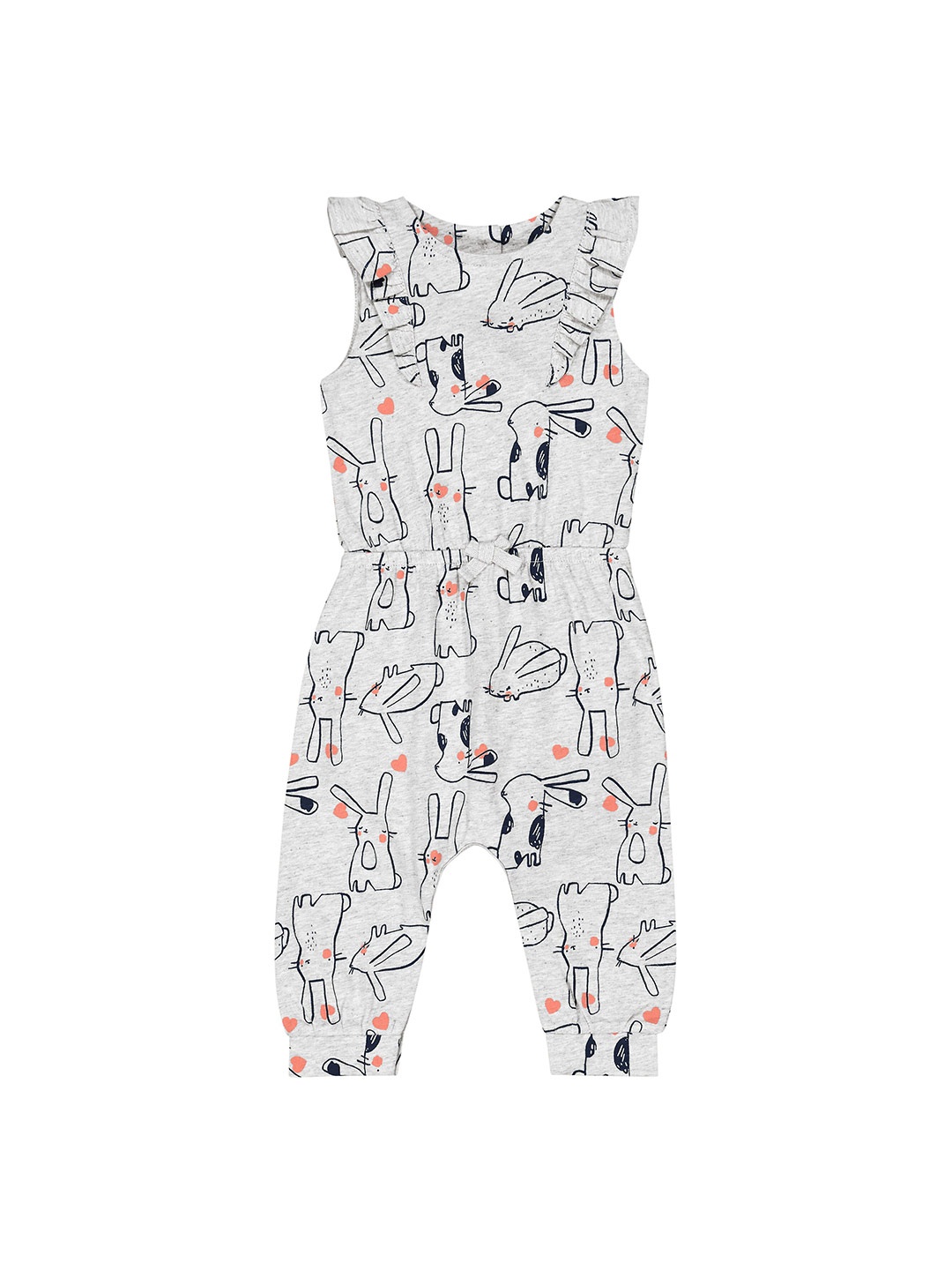 

mothercare Girls Printed Pure Cotton Basic Jumpsuit with Ruffles, Grey