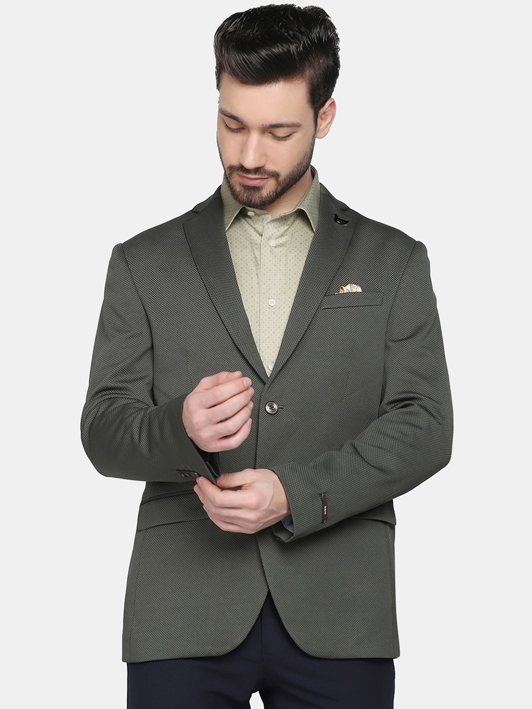 

Blackberrys Men Self-Design Slim-Fit Single-Breasted Blazer, Olive