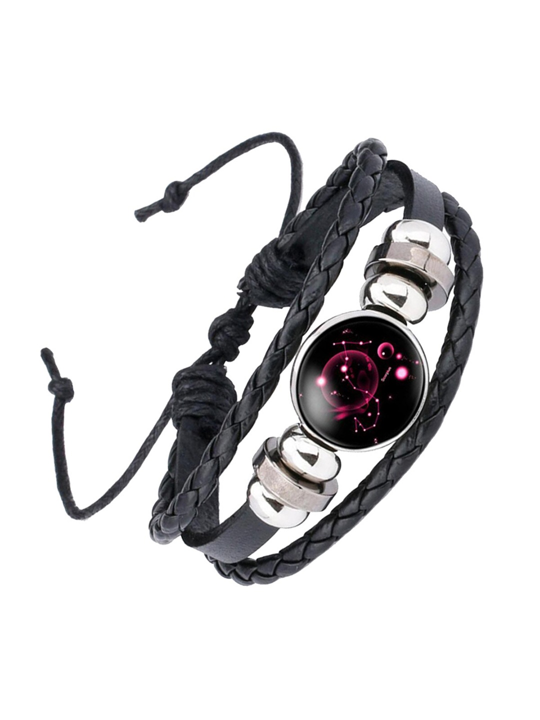

ZIVOM Men Leather Silver-Plated Multistrand Bracelet, Black