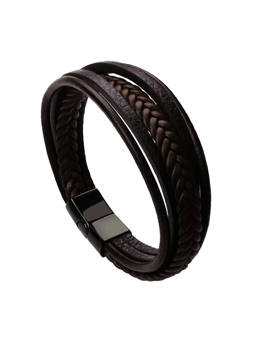 

ZIVOM Men Leather Rhodium-Plated Multistrand Bracelet, Brown