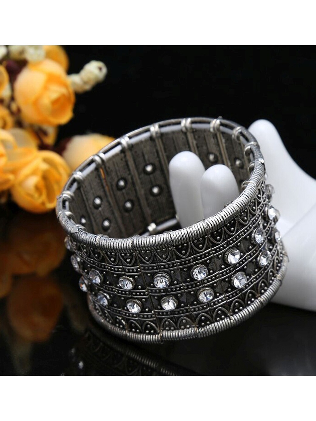 

ZIVOM Women Brass Cubic Zirconia Afghan Silver-Plated Bracelet, White