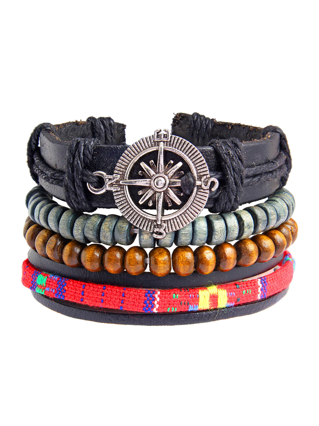 

ZIVOM Men Leather Silver-Plated Multistrand Bracelet, Red