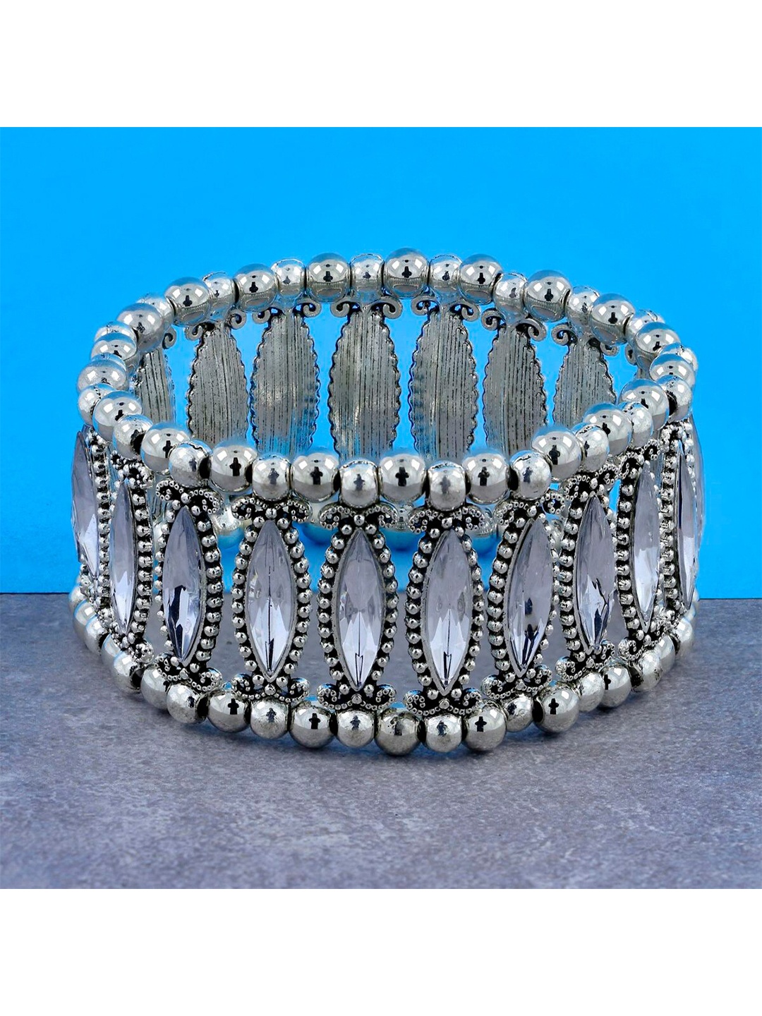 

ZIVOM Women Brass Crystals Afghan Silver-Plated Kada Bracelet