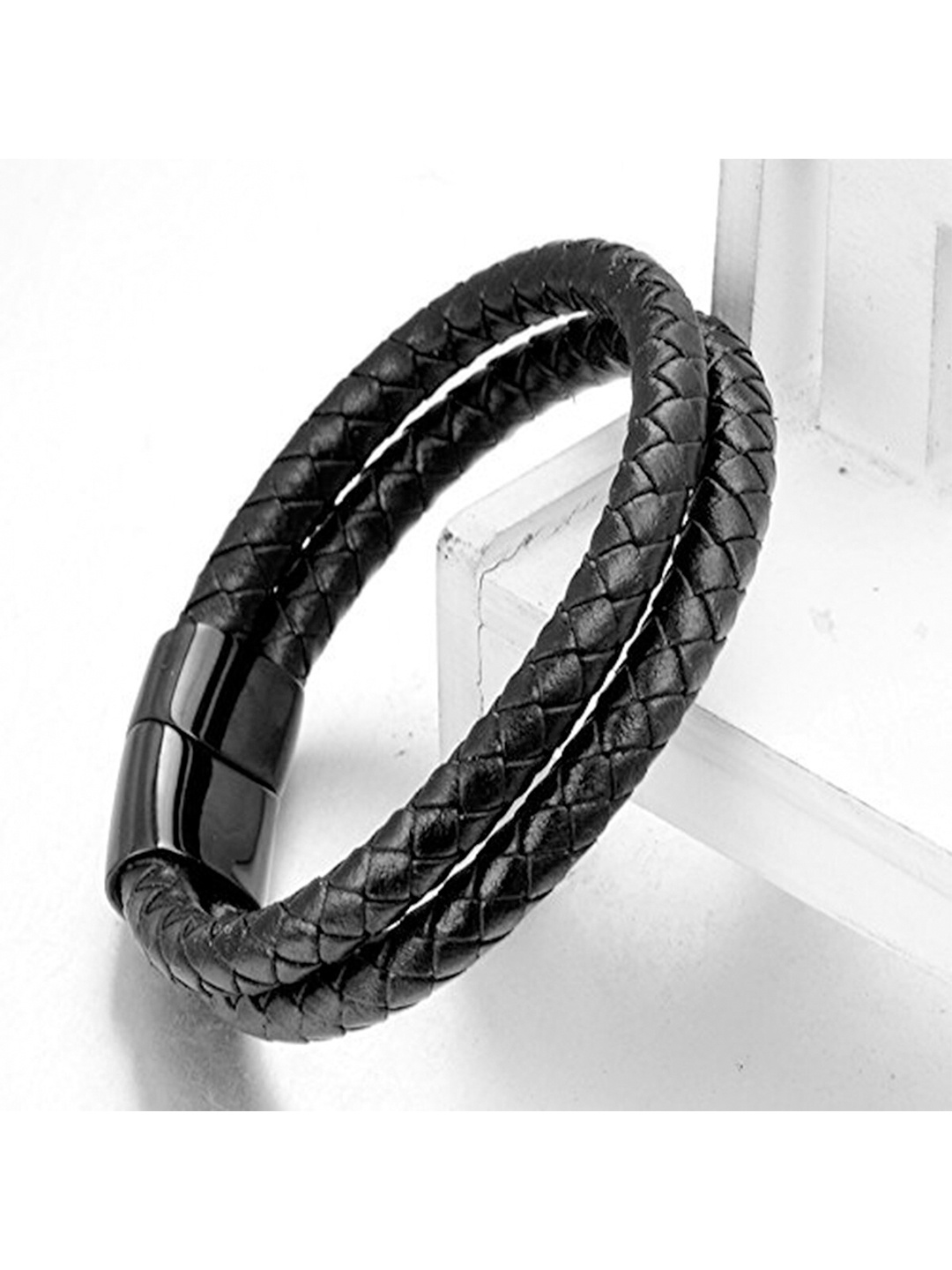 

ZIVOM Men Leather Rhodium-Plated Multistrand Bracelet, Black