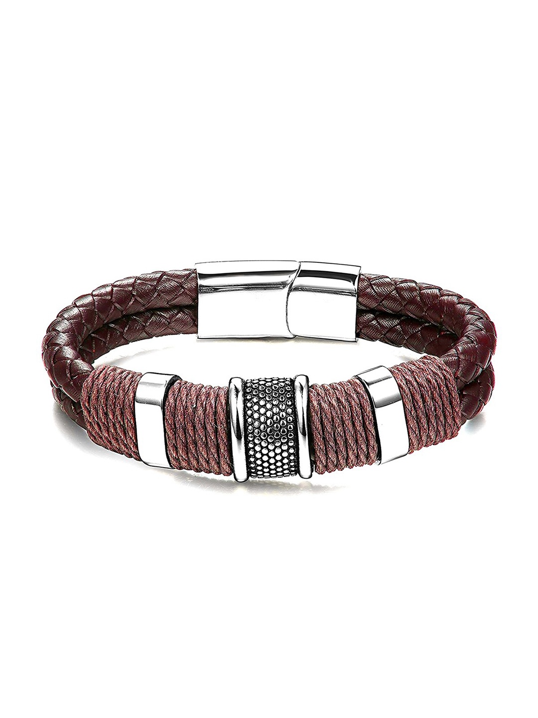 

ZIVOM Men Leather Braided Silver-Plated Link Bracelet