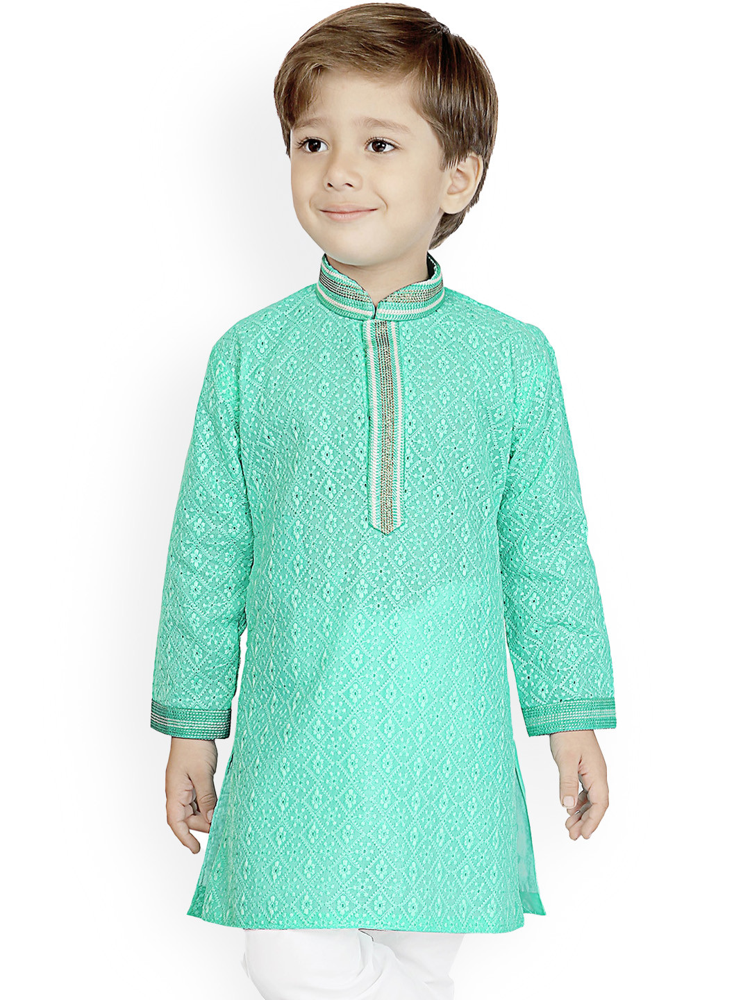 

KIDS FARM Boys Ethnic Motifs Embroidered Thread Work Silk Chiffon Kurta with Pyjamas, Blue