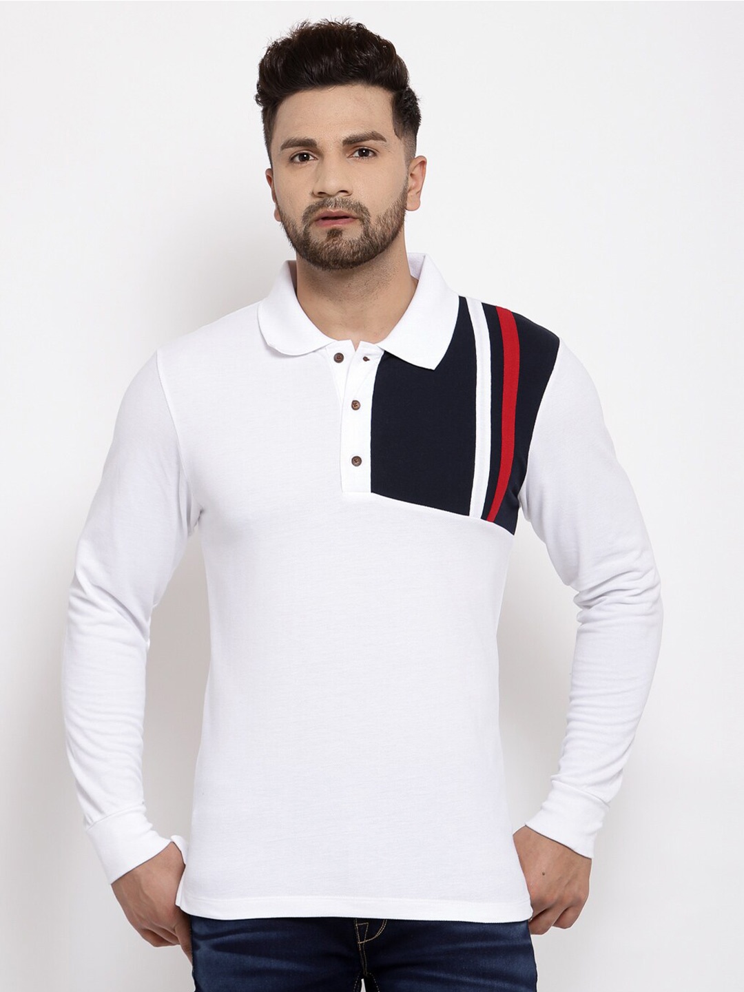 

Kalt Men Colourblocked Polo Collar T-shirt, White
