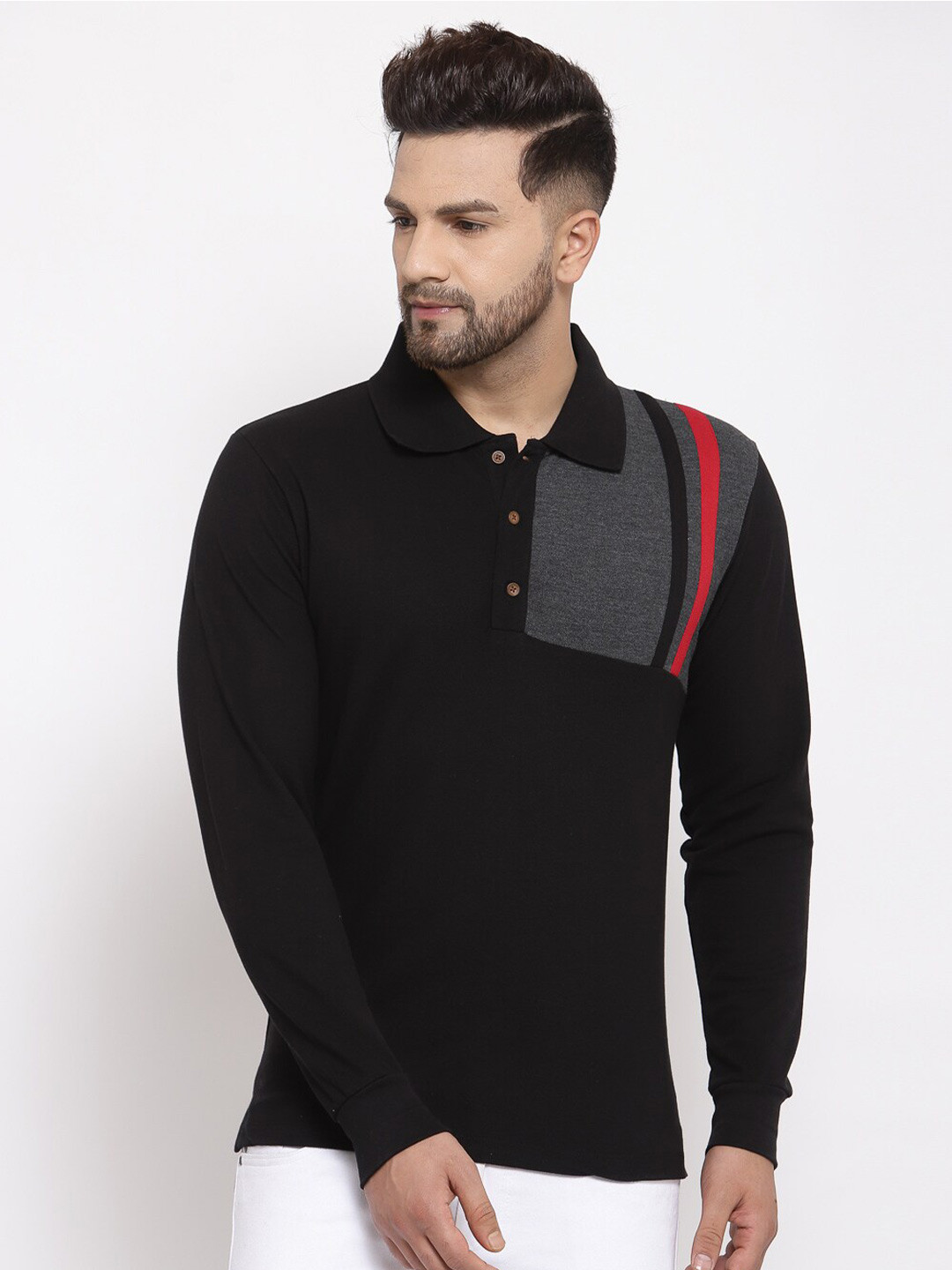 

Kalt Men Colourblocked Polo Collar T-shirt, Black