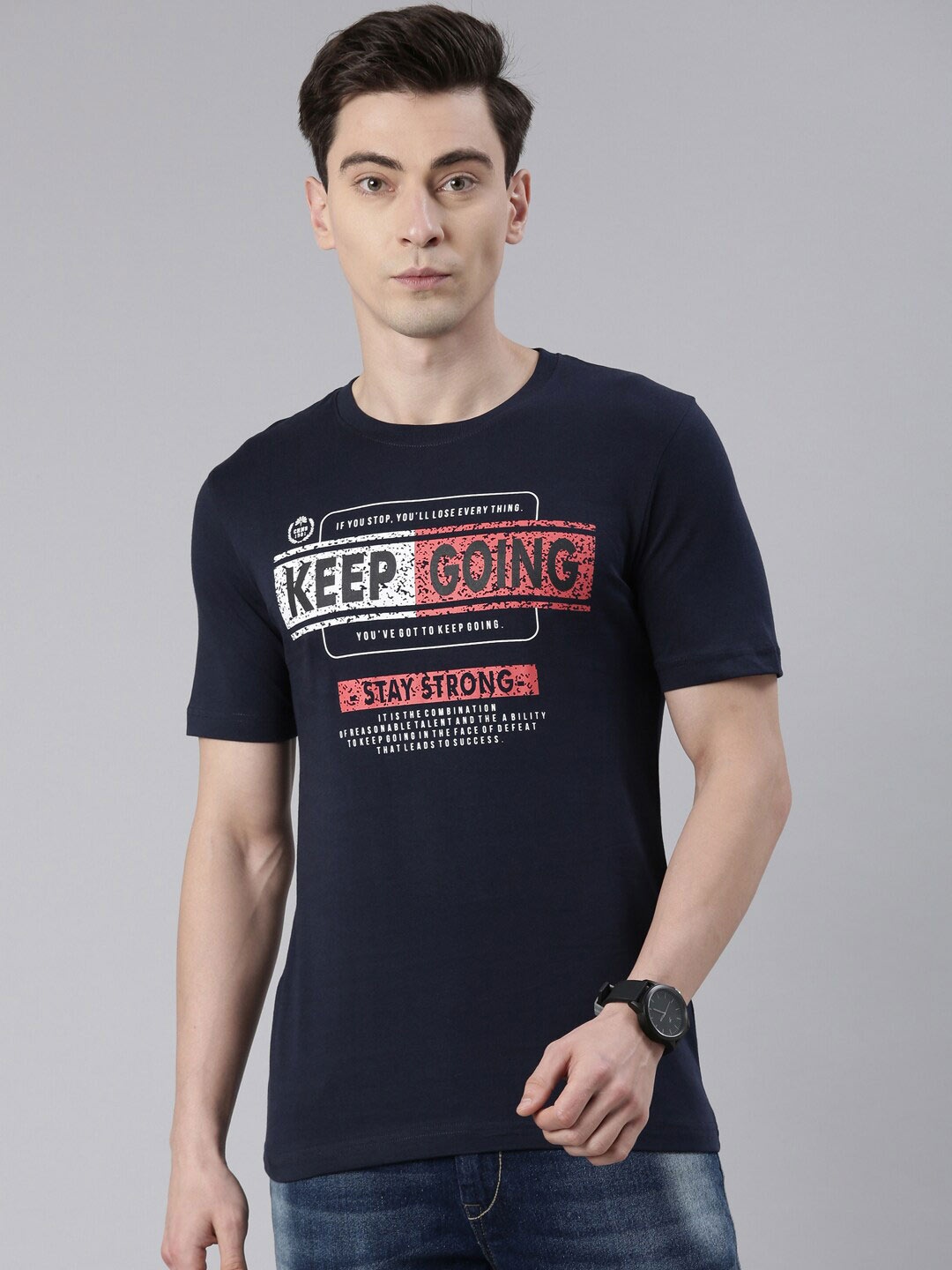 

Chennis Men Typography Printed Slim Fit Cotton T-shirt, Navy blue