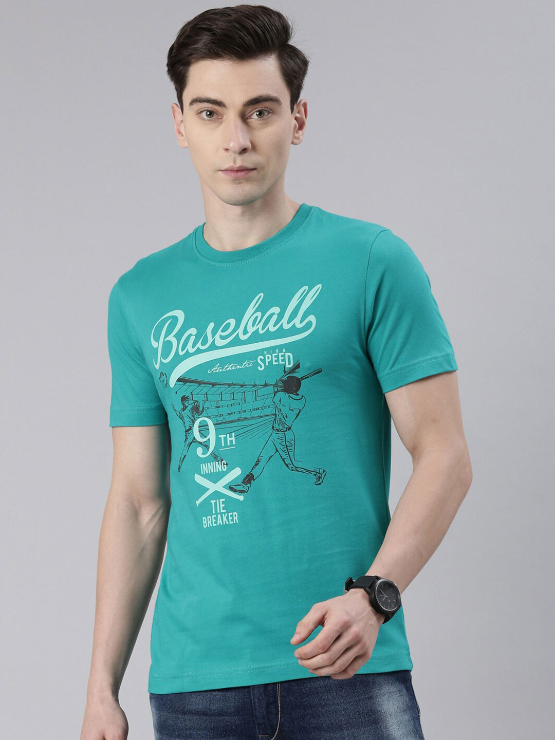 

Chennis Men Printed Slim Fit Cotton T-shirt, Teal