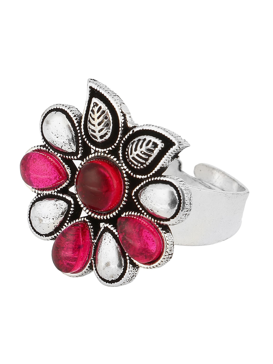 

Adwitiya Collection Silver-Plated Oxidised Studded German Finger Ring