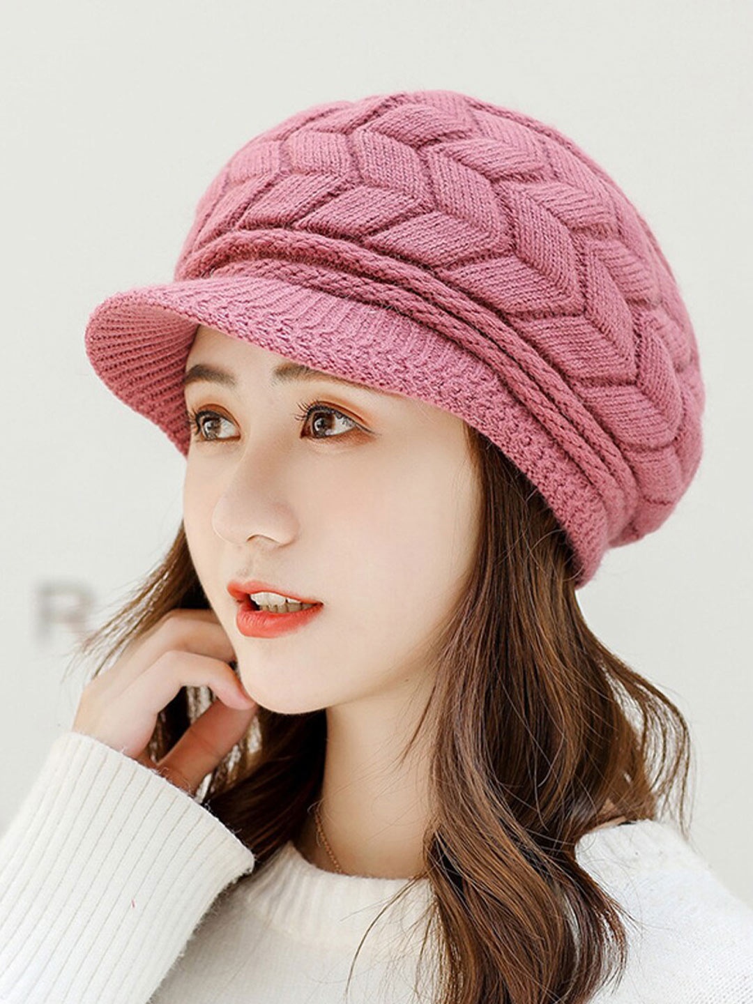 

iSWEVEN Women Woolen Winter Visor Caps, Pink