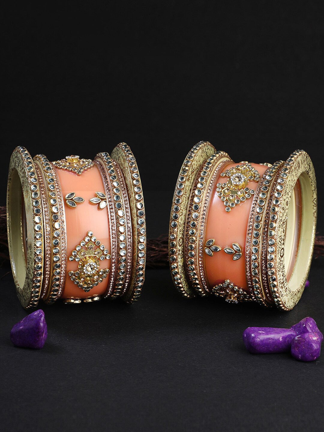 

Adwitiya Collection Set Of 18 Gold-Plated Stone-Studded Bridal Bangle Set, Peach