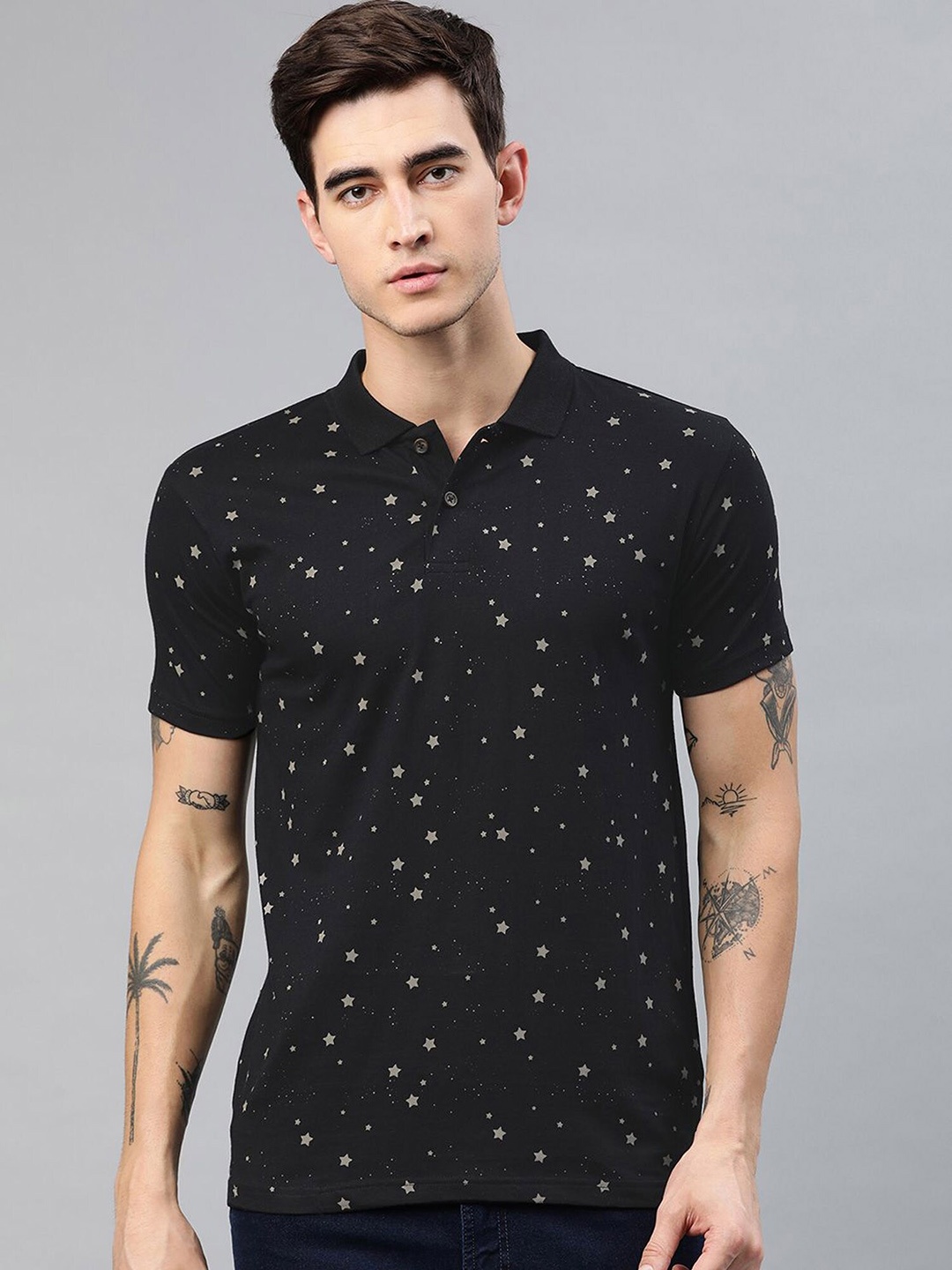 

Kryptic Men Printed Polo Collar Pure Cotton T-shirt, Black