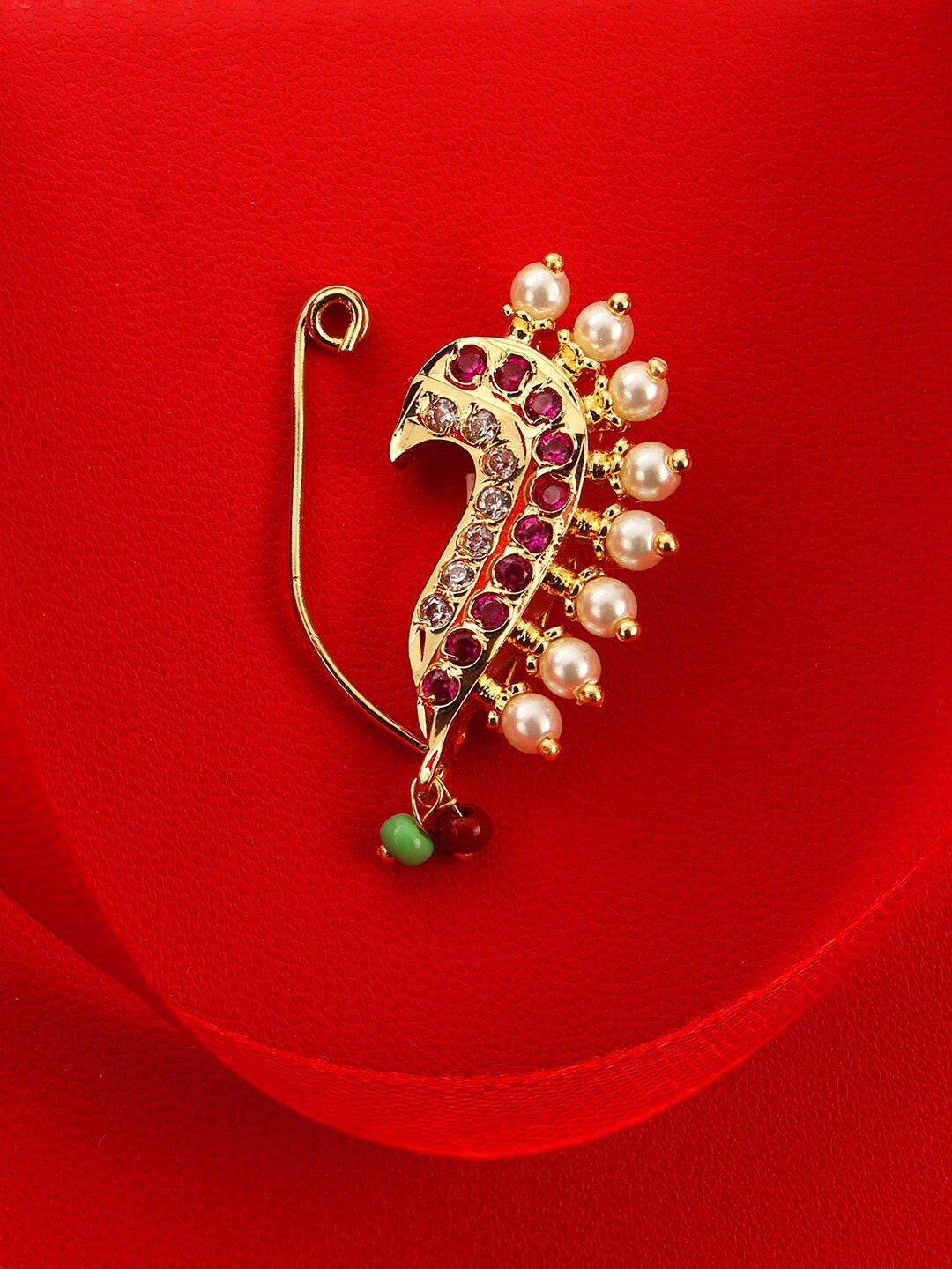 

Adwitiya Collection Gold-Plated Stone-Studded & Pearl Beaded Nosepin, Green
