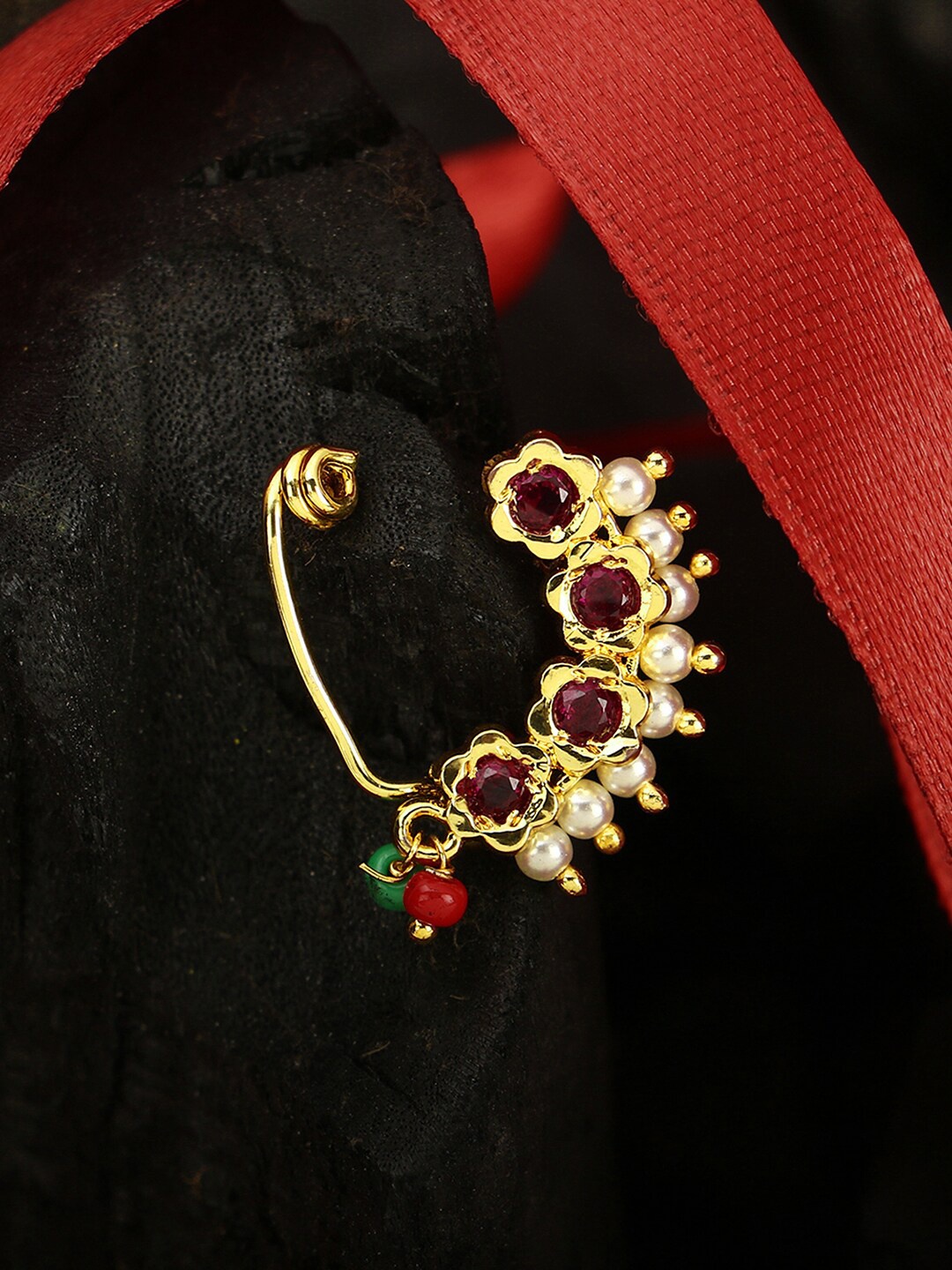 

Adwitiya Collection 24 CT Gold-Plated Stone-Studded & Pearl Beaded Nosepin, Red