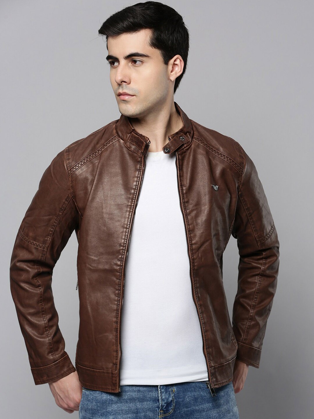 

SHOWOFF Men Leather Biker Jacket, Brown