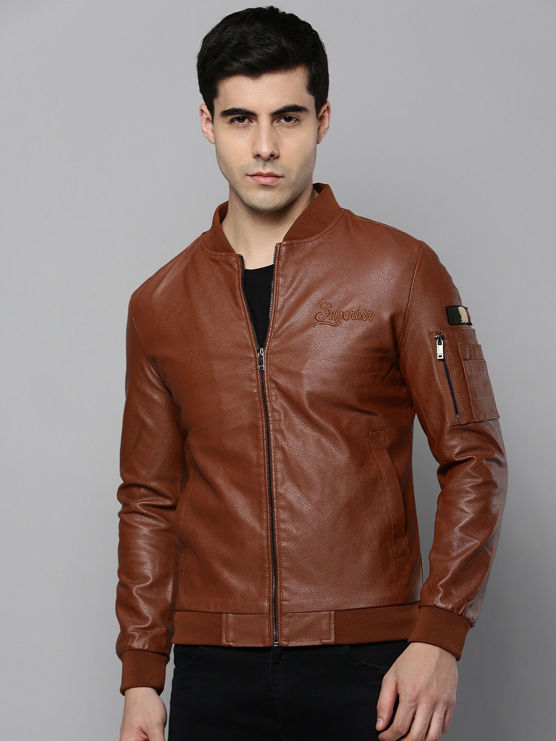 

SHOWOFF Men Leather Bomber Jacket, Brown