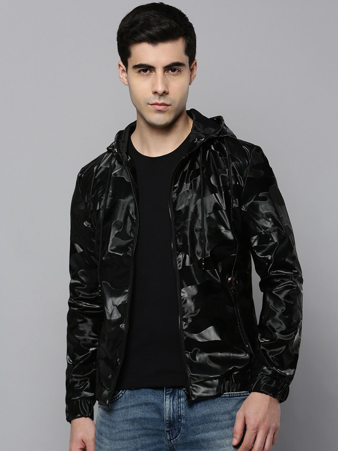 

SHOWOFF Men Black Camouflage Biker Jacket