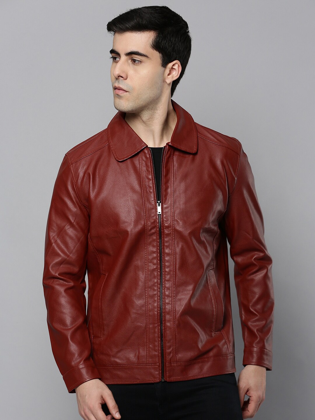 

SHOWOFF Men Leather Bomber Jacket, Rust